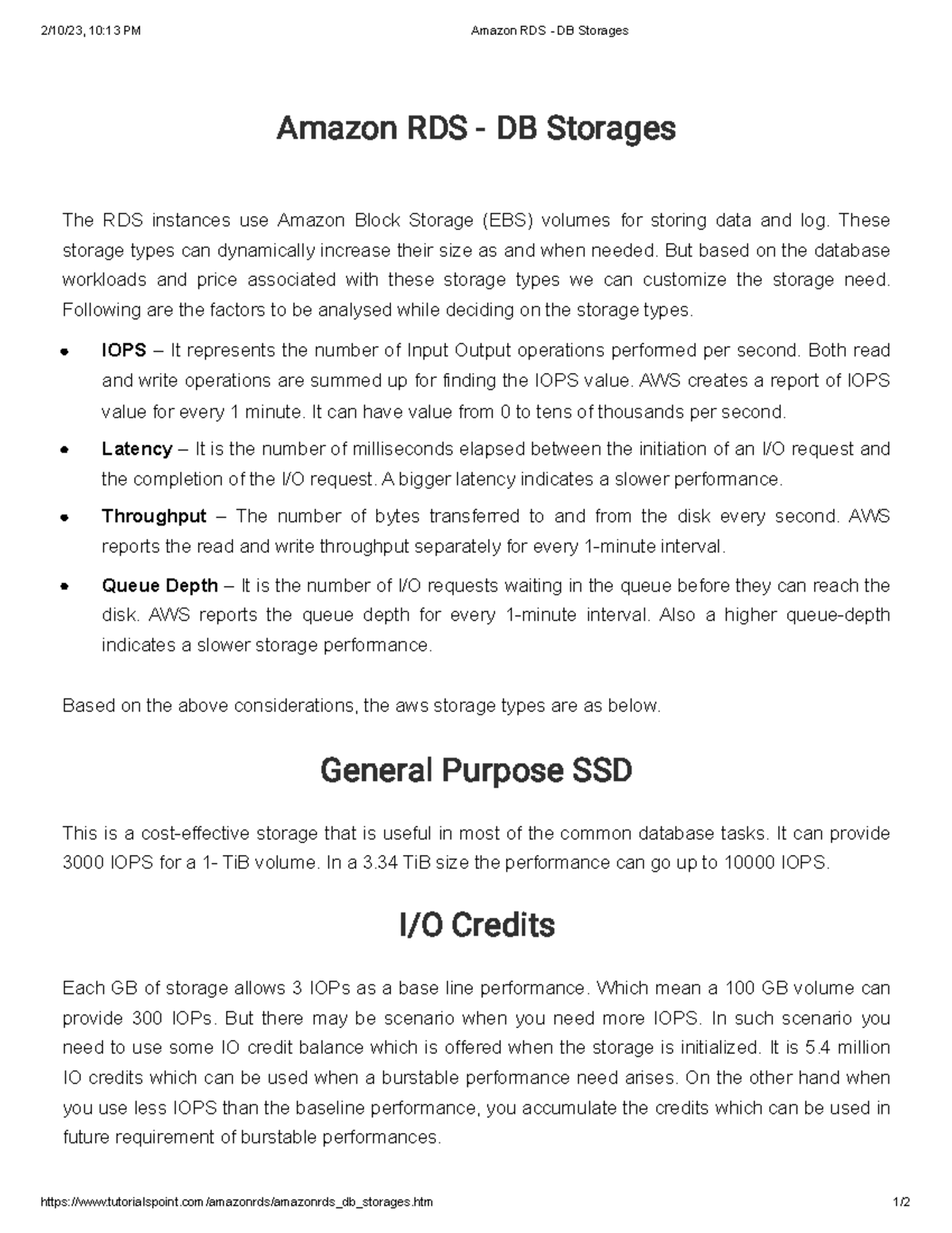 Amazon RDS DB Storages 2/10/23, 1013 PM Amazon RDS DB Storages