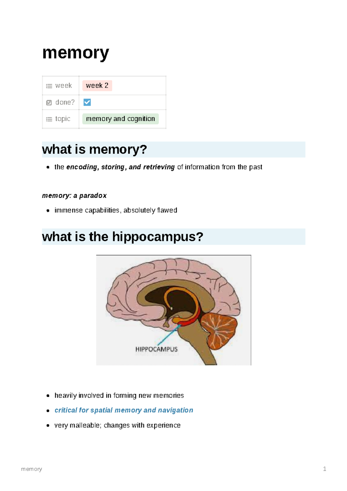 Memory 1B - Memory Week Week 2 Done? Topic Memory And Cognition What Is ...