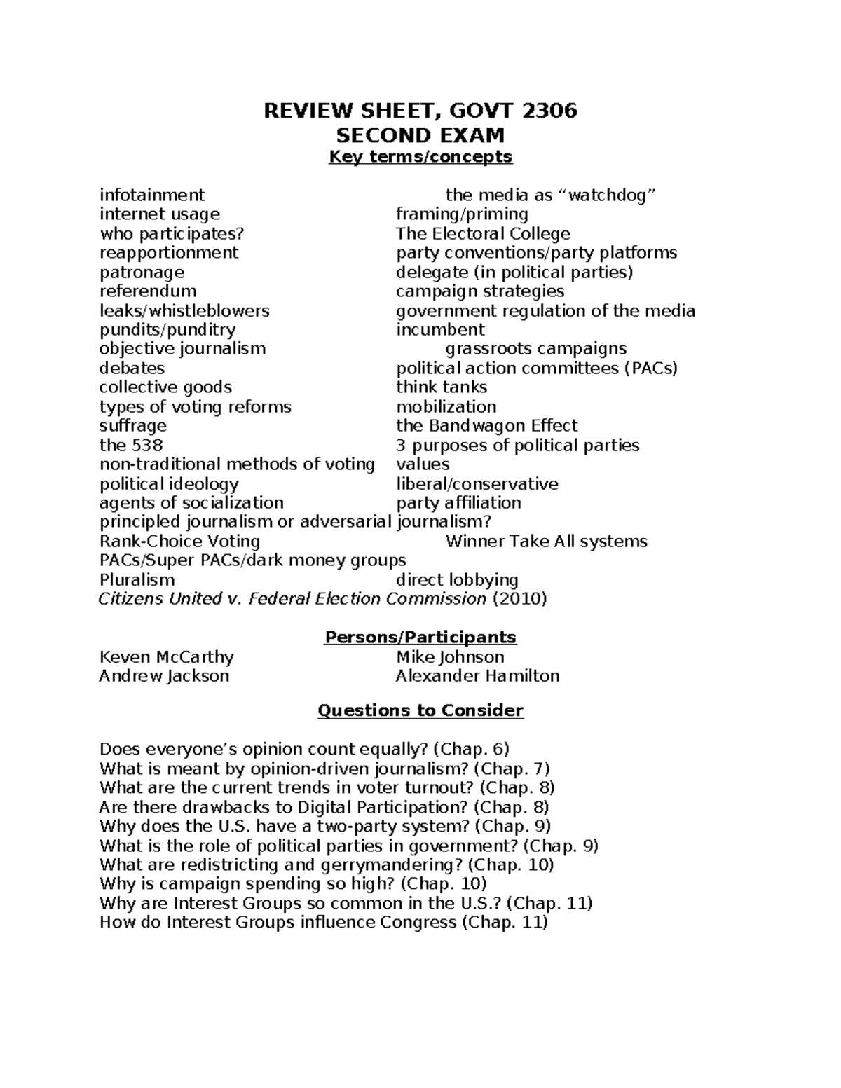 T2-review-UH24 - For exam 2 - REVIEW SHEET, GOVT 2306 SECOND EXAM Key ...