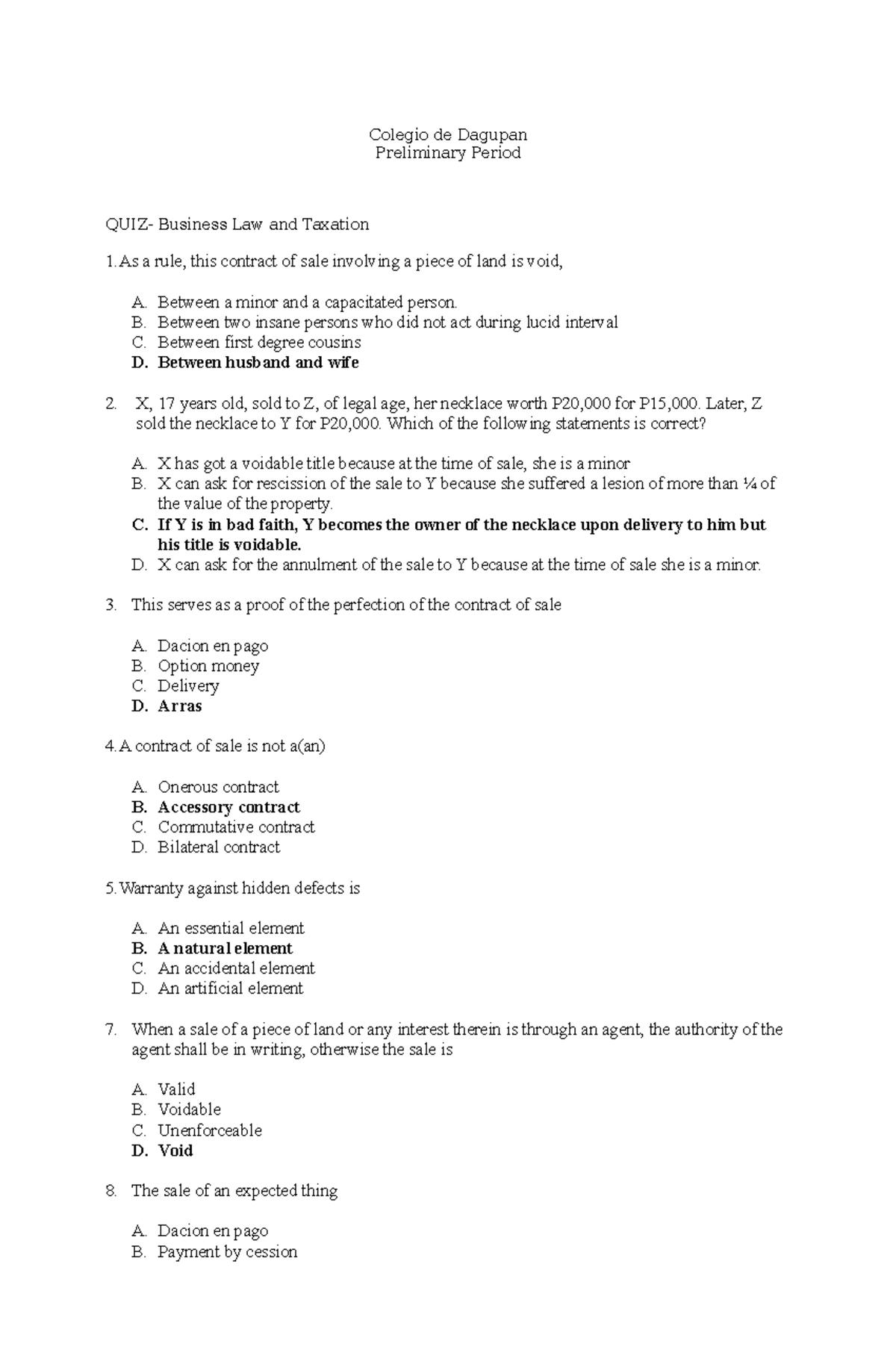 Law on sales testbank - N/A - Colegio de Dagupan Preliminary Period ...