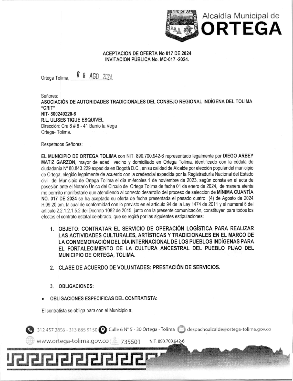 Aceptacion DE Oferta MC 017 2024 - MUNICIPAL Alcaldía Municipal de ...