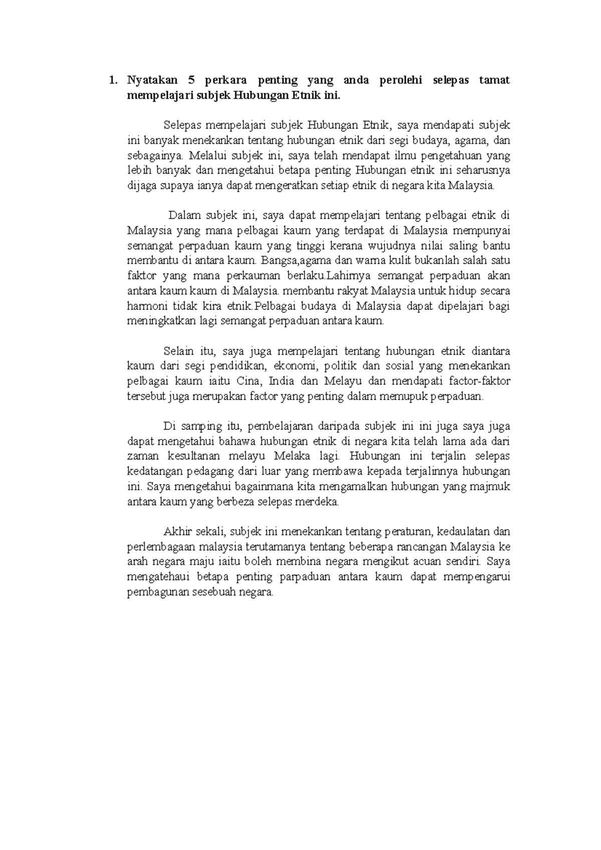 He 6 Hubungan Etnik Blended Learning 1 Nyatakan 5 Perkara Penting Yang Anda Perolehi Selepas Studocu