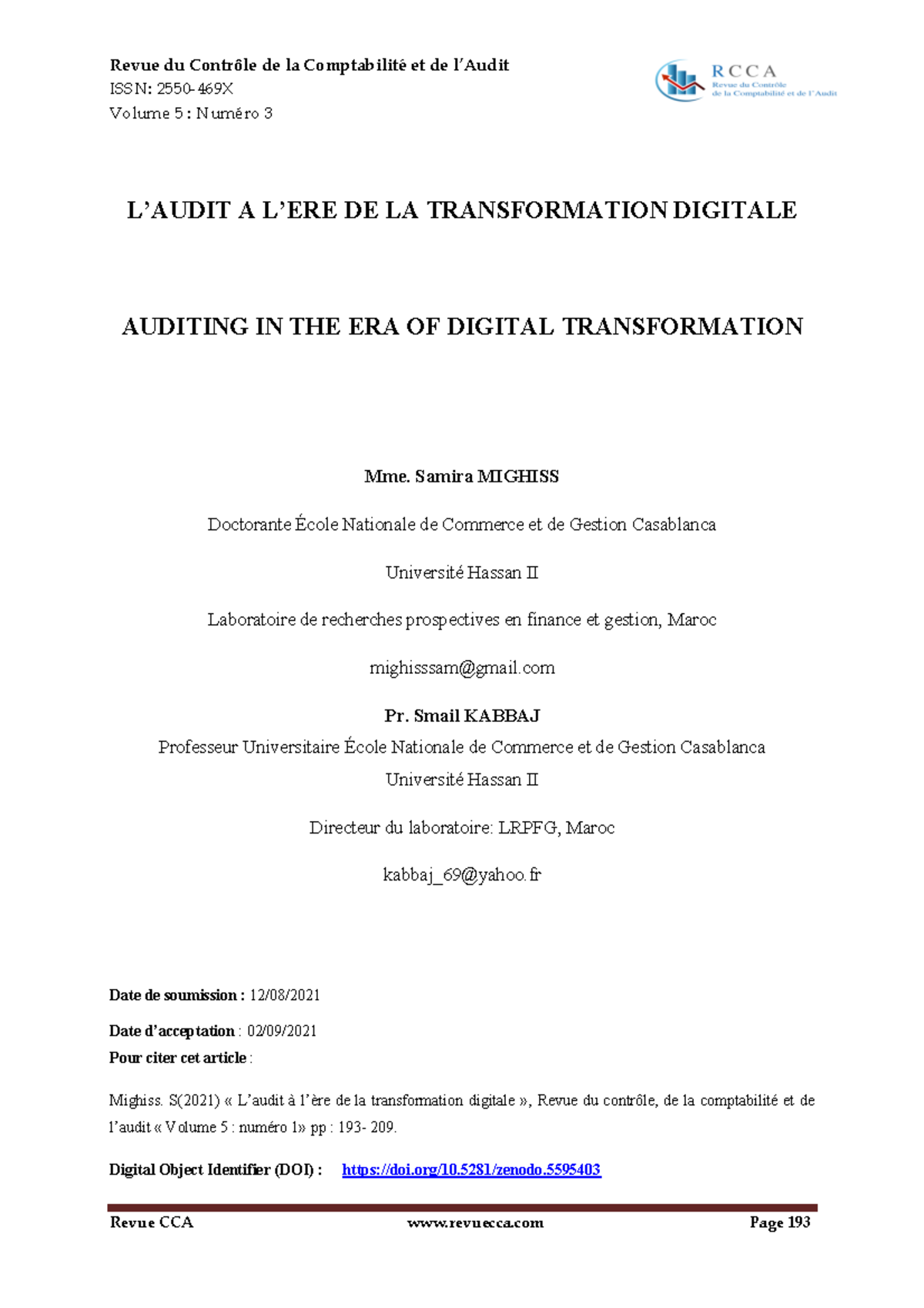 Digitalisation - ISSN: 2550-469X Volume 5 : Numéro 3 L’AUDIT A L’ERE DE ...