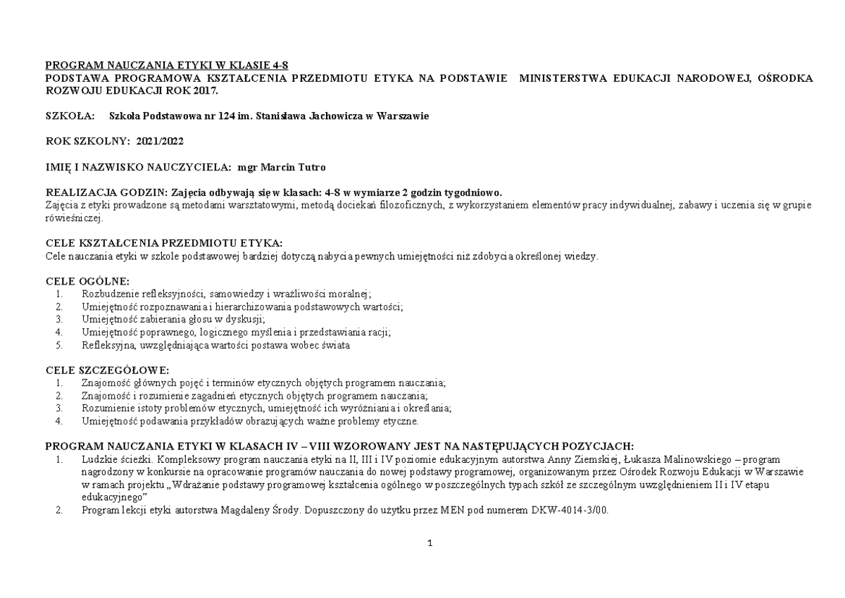 Program Nauczania Etyki W Szkole Podstawowej - PROGRAM NAUCZANIA ETYKI
