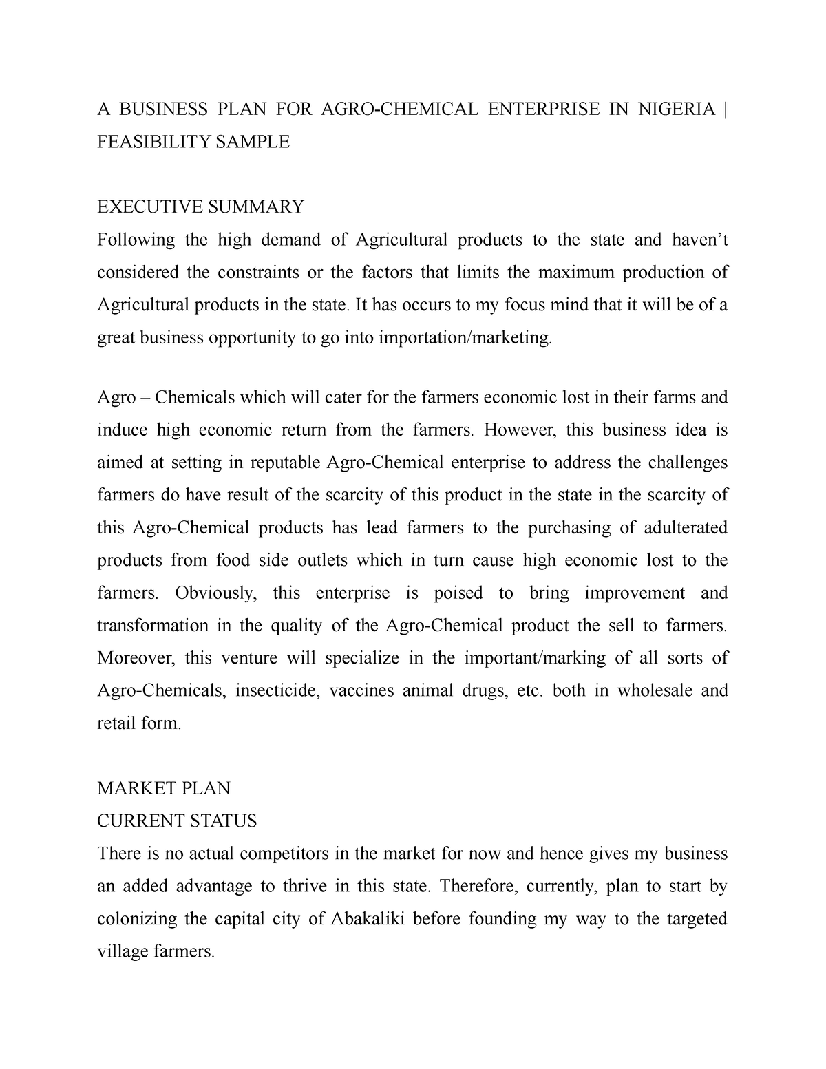 agro chemical business plan sample