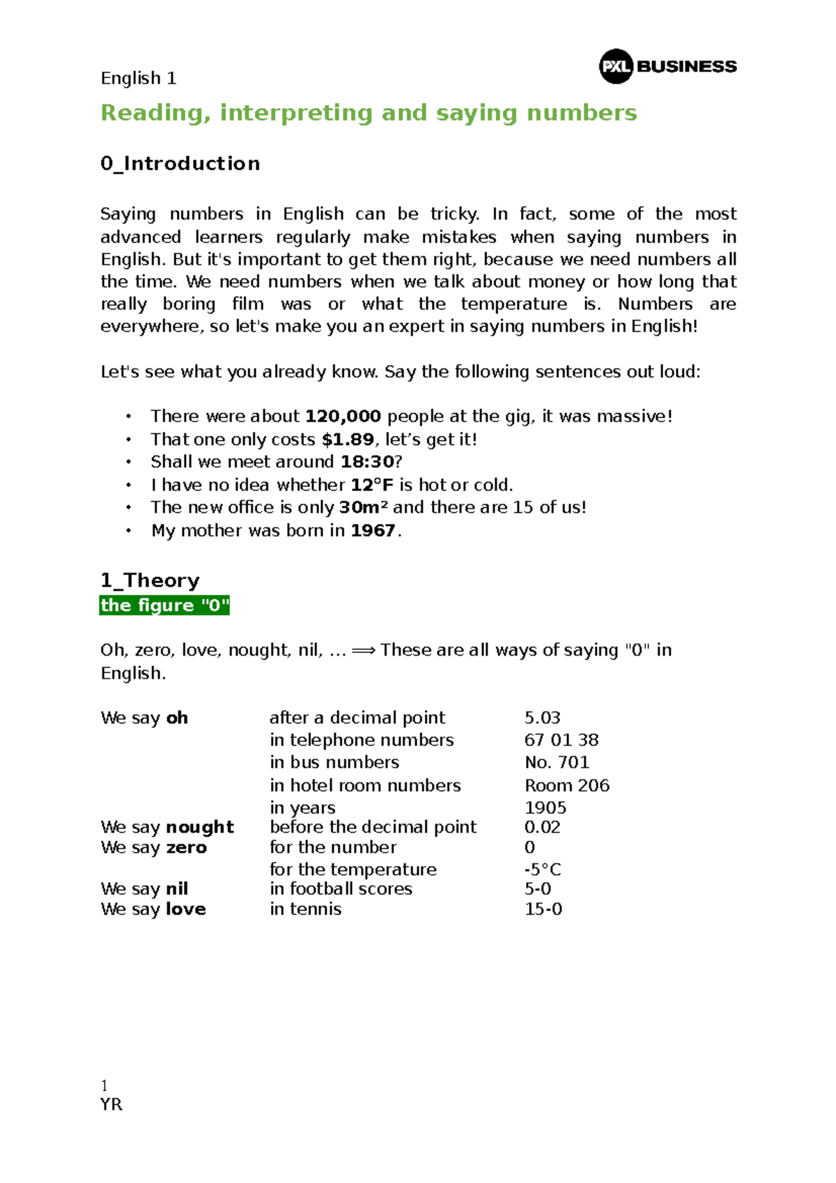 1 FIV - Numbers - ... - Reading, interpreting and saying numbers 0 ...