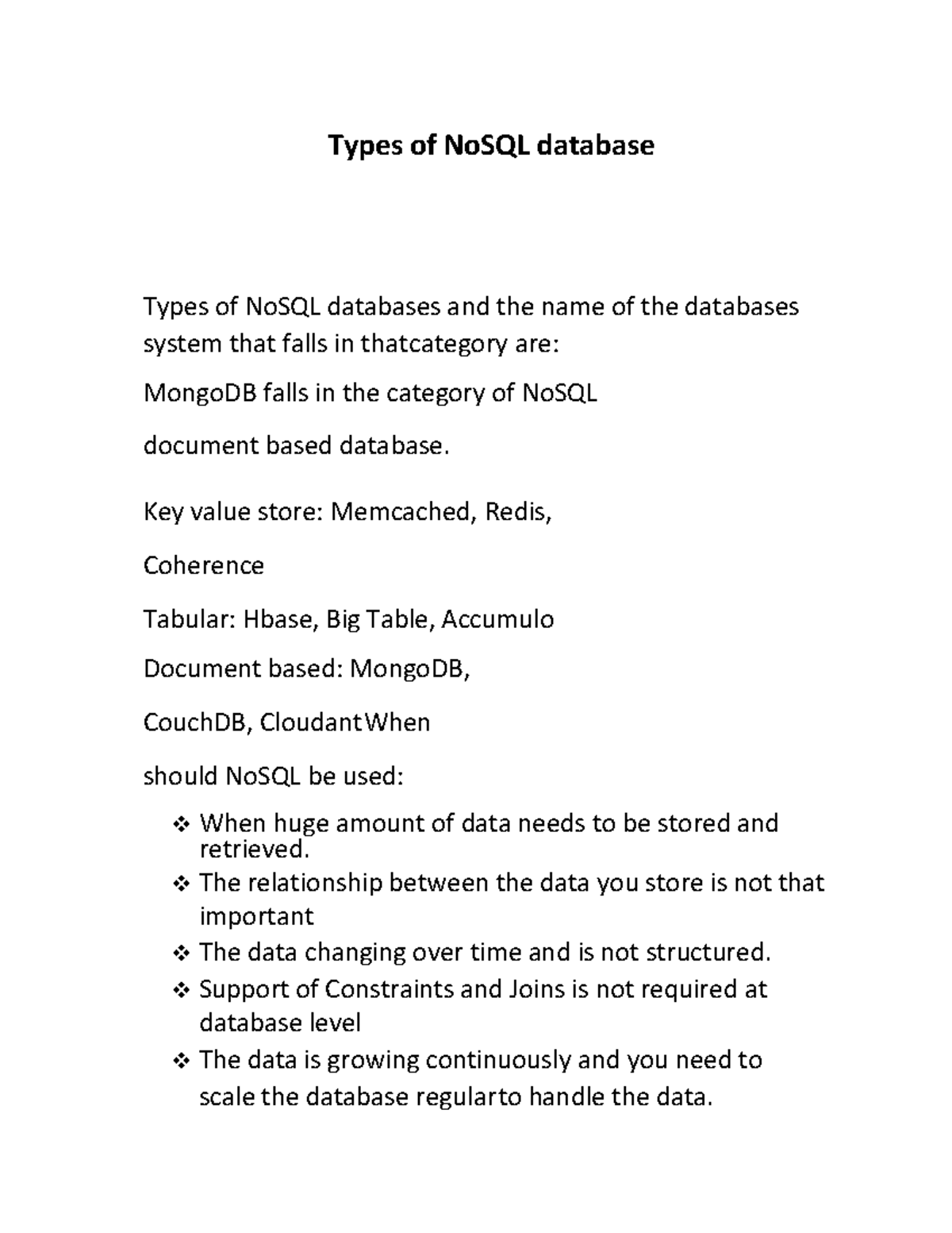 Types of No SQL database - Types of NoSQL database Types of NoSQL ...