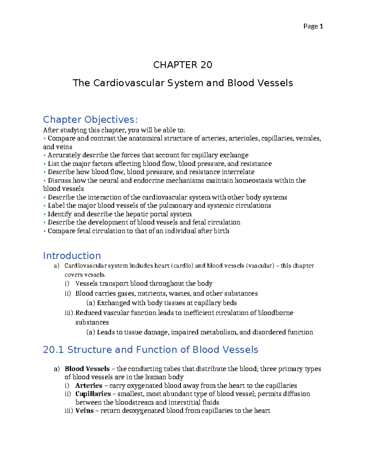 CH 20 Outline Blood Vessels and Circulation - CHAPTER 20 The ...