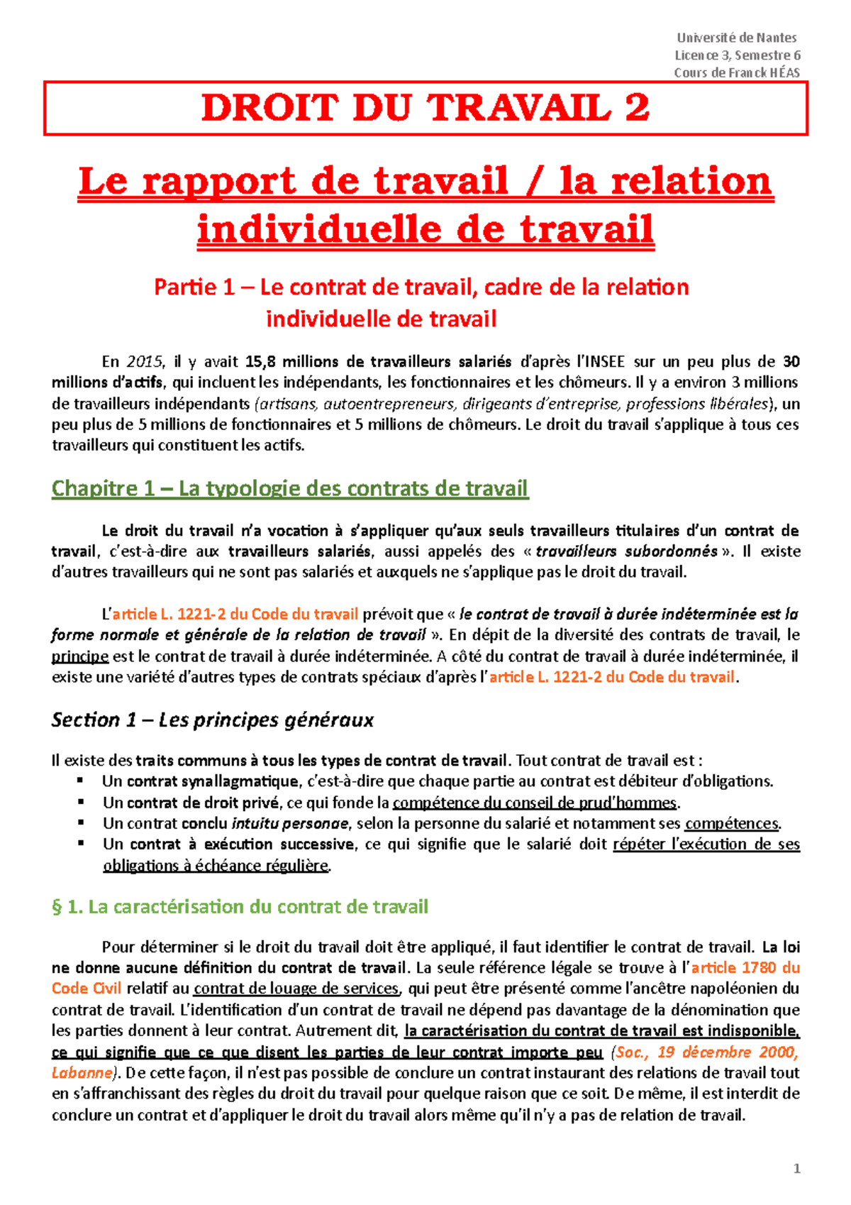 Droit du travail 2 - Notes de cours 1 - Université de Nantes Licence 3 ...