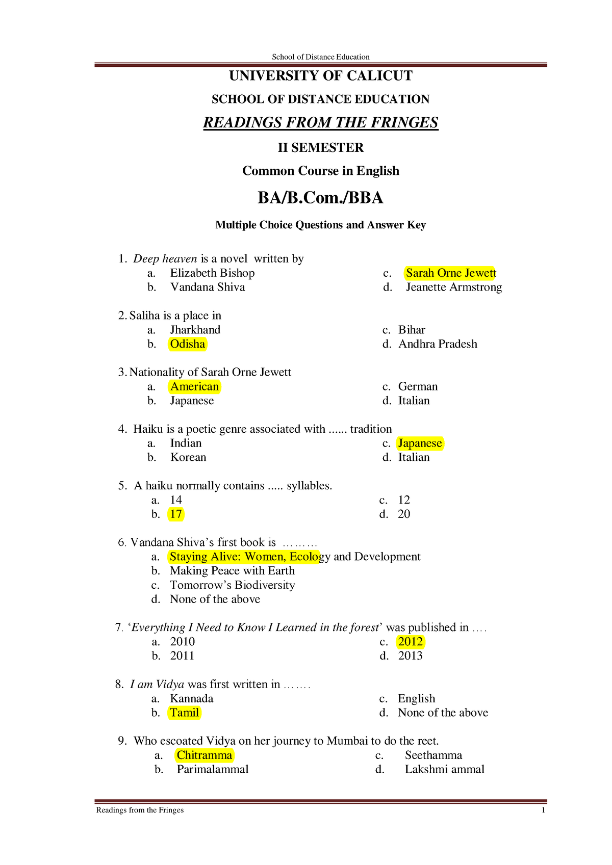 MCQ - II Sem Readings From The Frings 0 - UNIVERSITY OF CALICUT SCHOOL ...