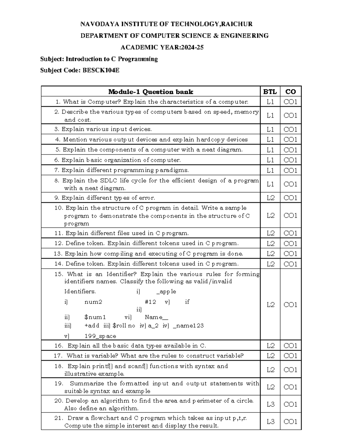 Introduction to C Programming Question bank - NAVODAYA INSTITUTE OF ...