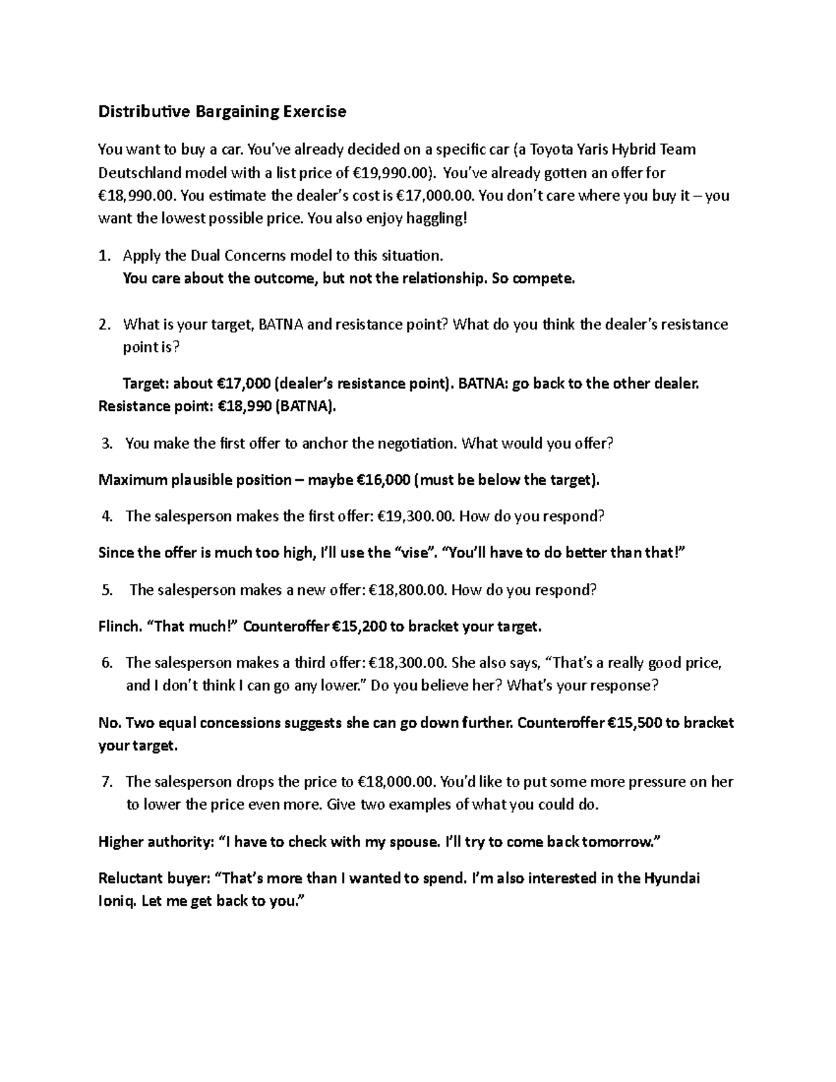 Distributive Bargaining Exercise Answers - Distribuive Bargaining ...