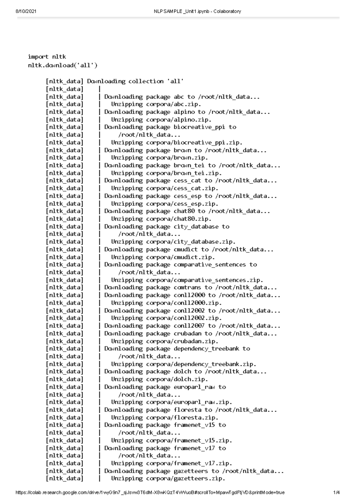 NLP sample - DEMO - import nltk nltk('all') [nltk_data] Downloading ...