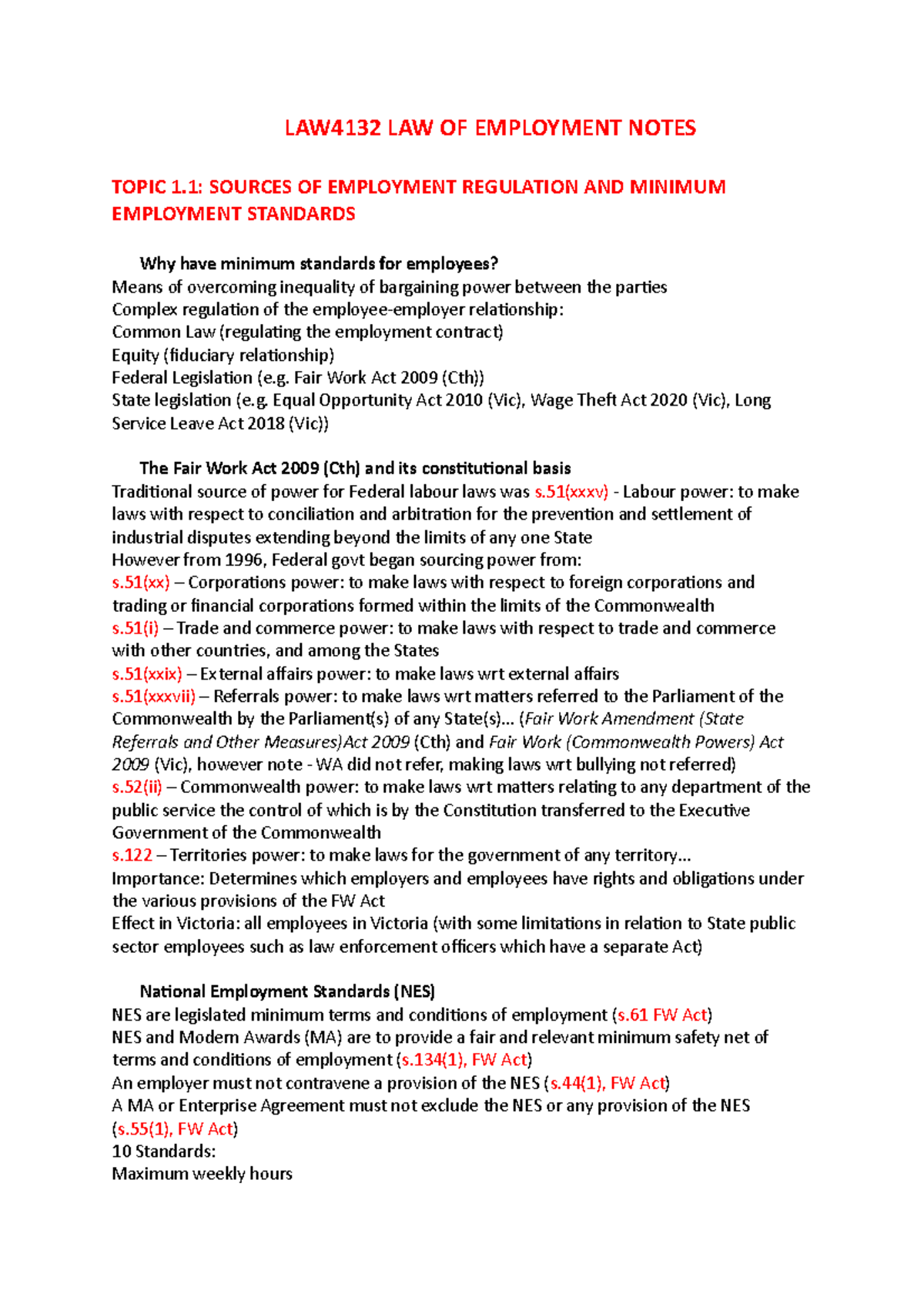 LAW4132 LAW OF Employment Notes - LAW4132 LAW OF EMPLOYMENT NOTES TOPIC ...