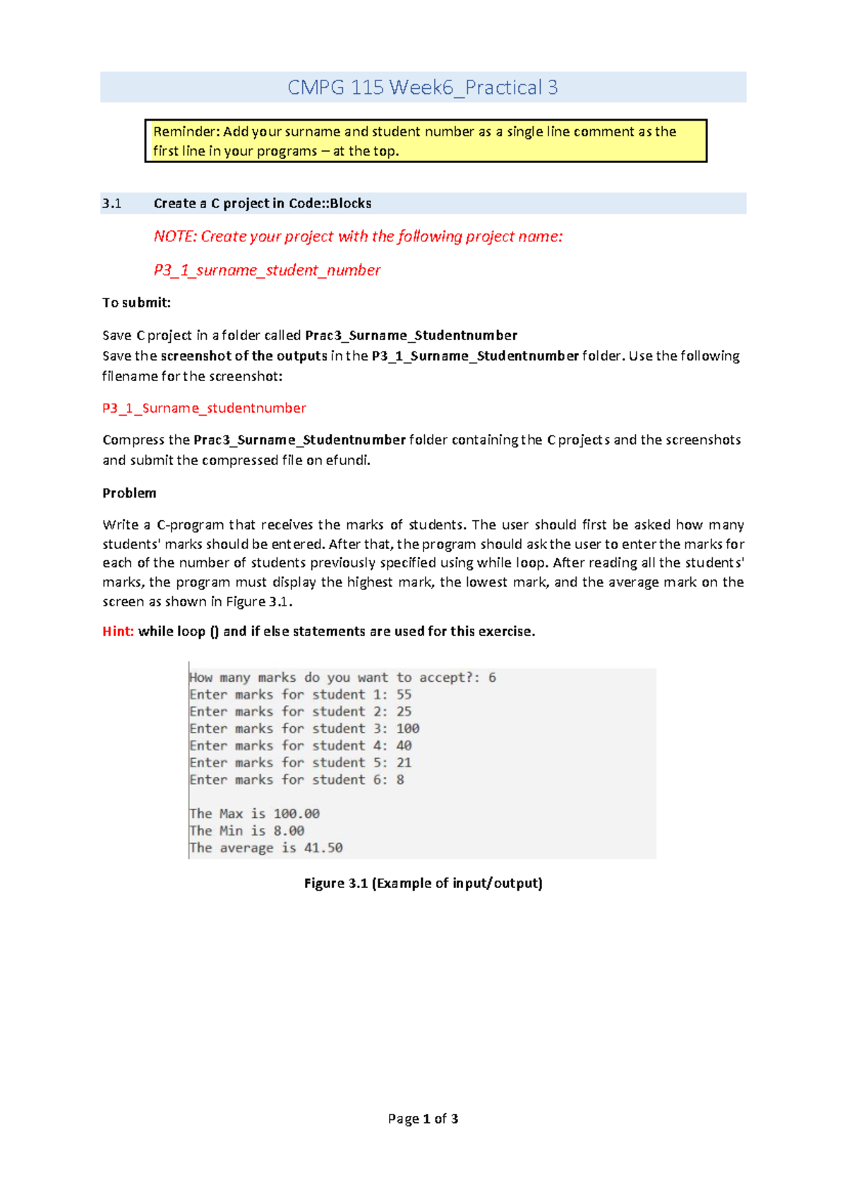 CMPG115 Prac 3 Instructions - Week 6 - Page 1 of 3 CMPG 11 5 Week 6 ...