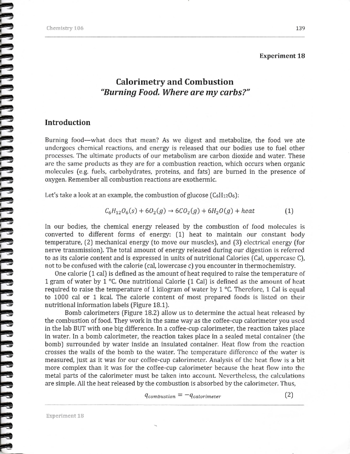 Experiment 18 Chemistry General - Experiment Calorimetry and Combustion ...