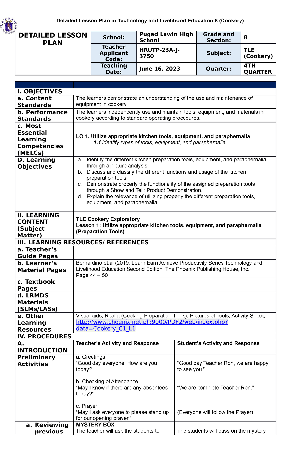 Detailed Lesson Plan in TLE 8 - Detailed Lesson Plan in Technology and ...