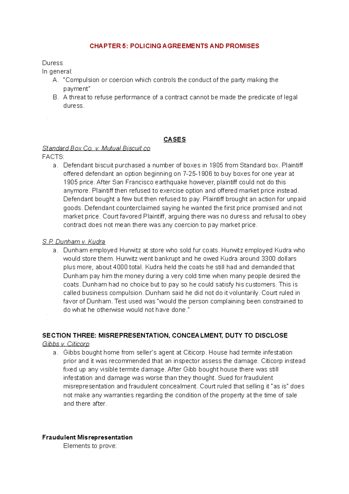 Contracts 2 - CHAPTER 5: POLICING AGREEMENTS AND PROMISES Duress In ...