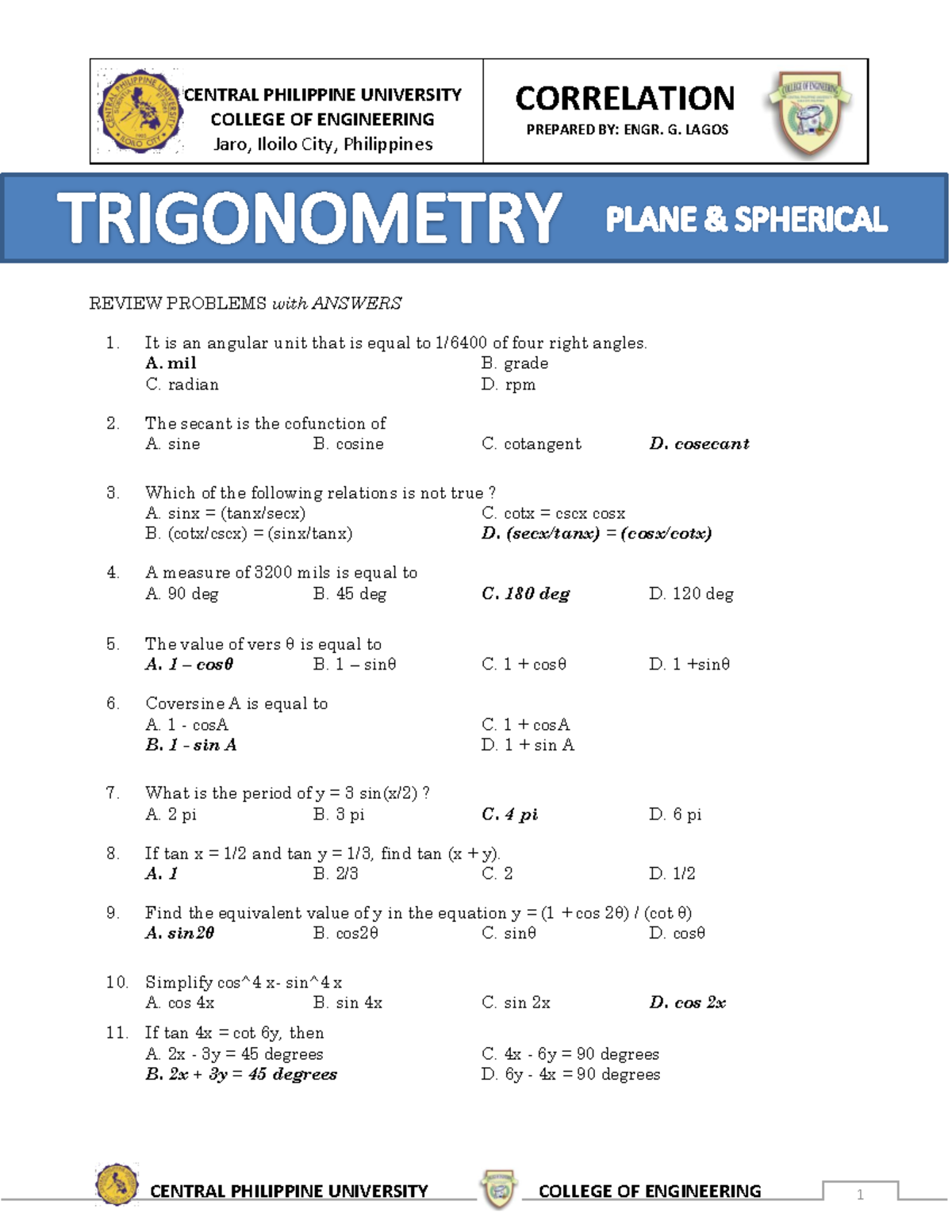 Trigonometry And Integral Calculus Practice Problems Review Problems With Answers 1 It Is An Trigonometry And Integral Calculus Practice Problems Review Problems With Answers 1 It Is An
