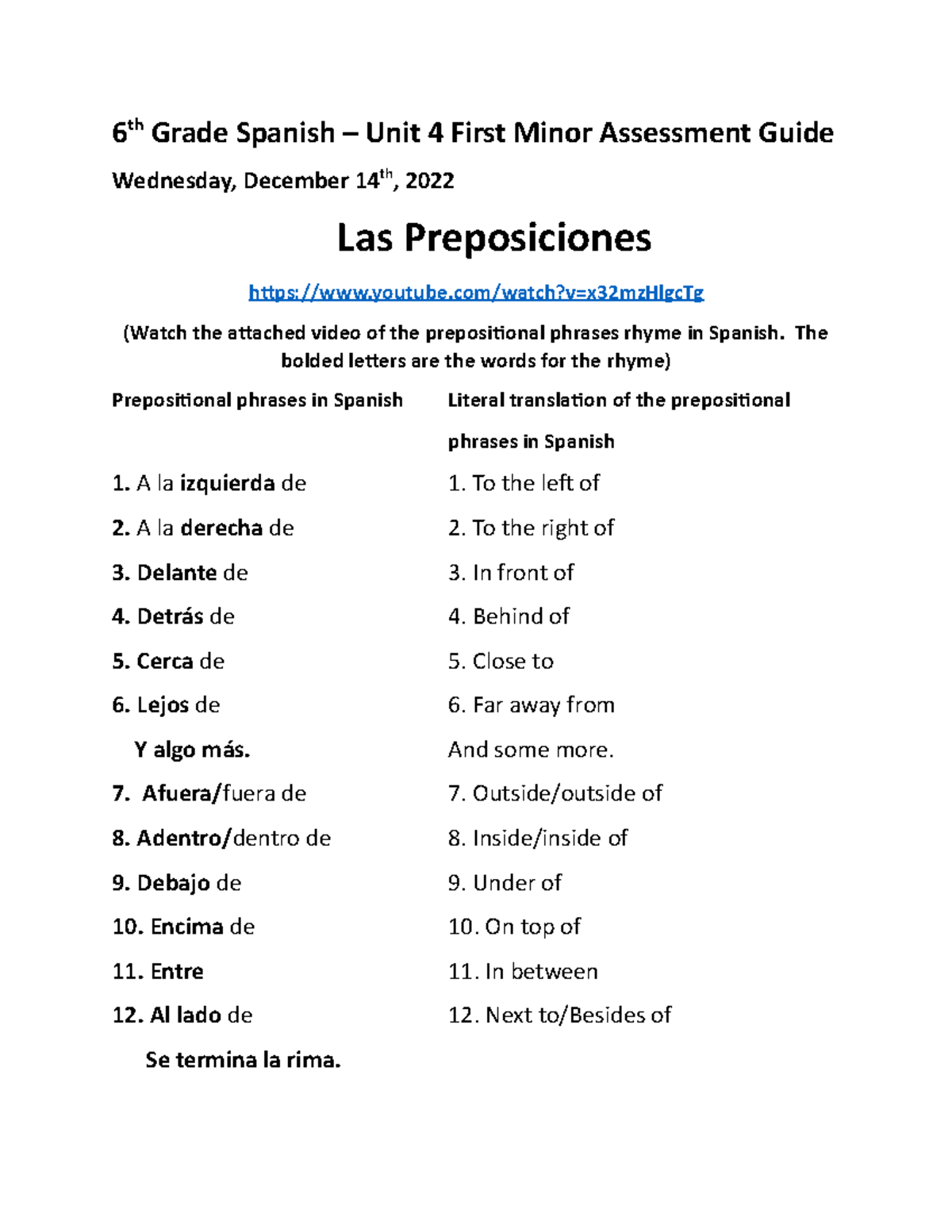 6th Grade Spanish - Unit 4 First Minor Assessment Guide - 6 th Grade