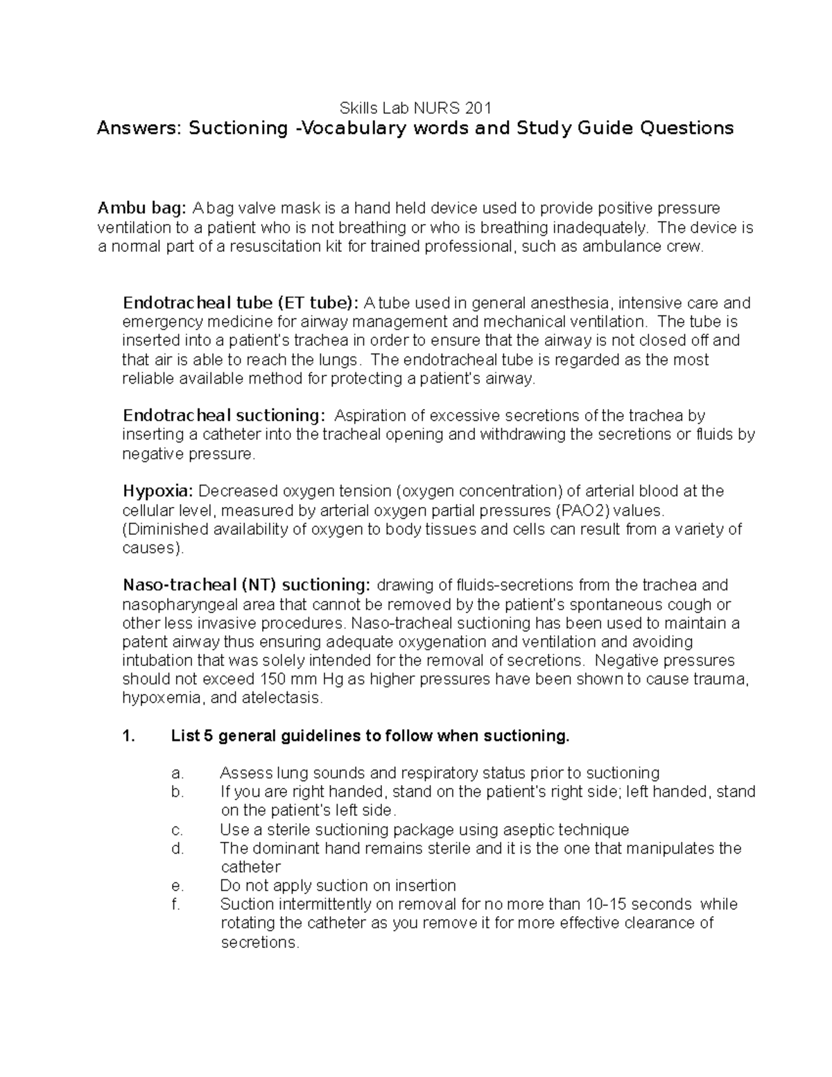 Laboratory guide Suction - Skills Lab NURS 201 Answers: Suctioning ...