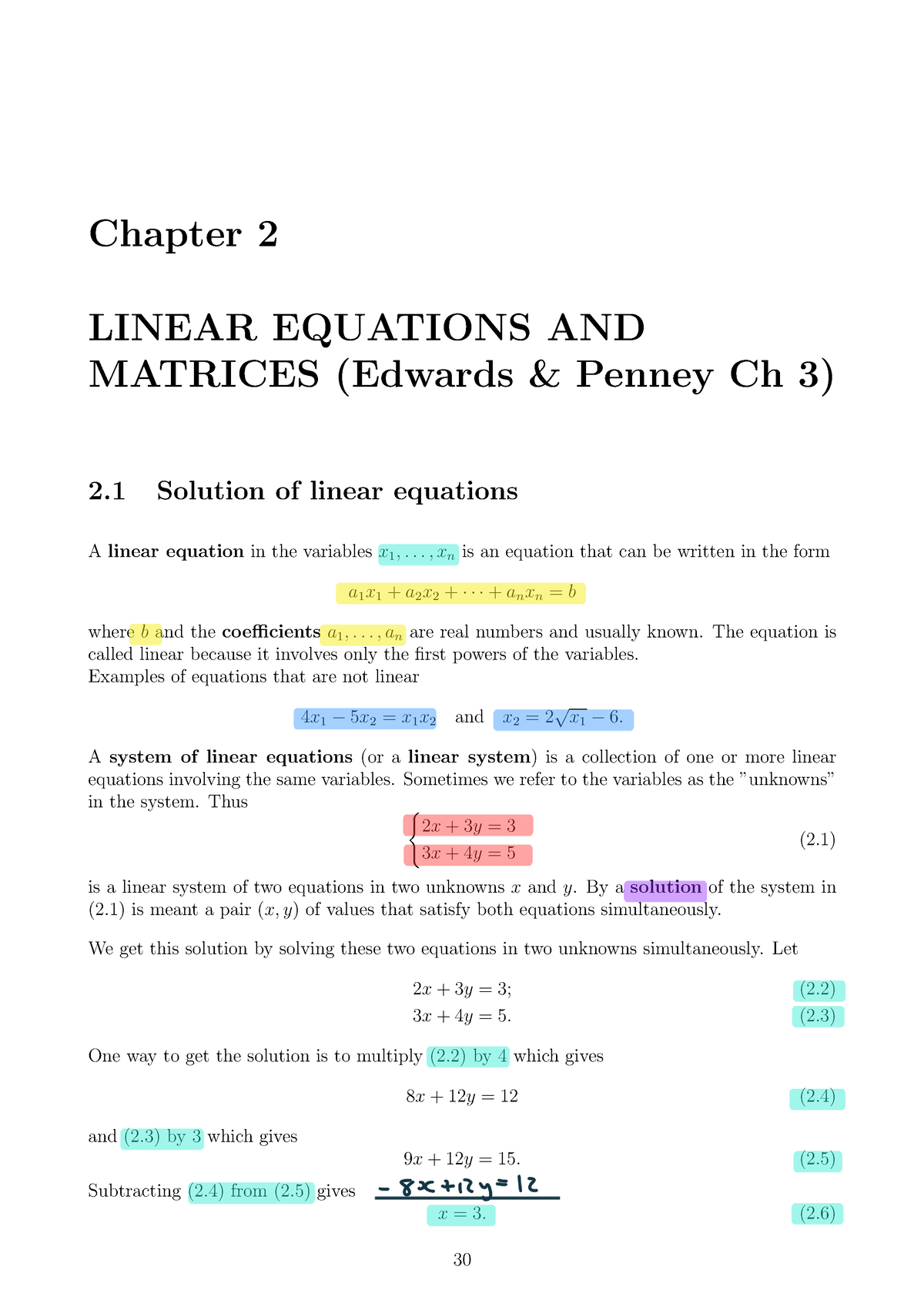 Week 3 Block 3 Lecture 1 NotesMATH1043A - Chapter 2 LINEAR EQUATIONS ...