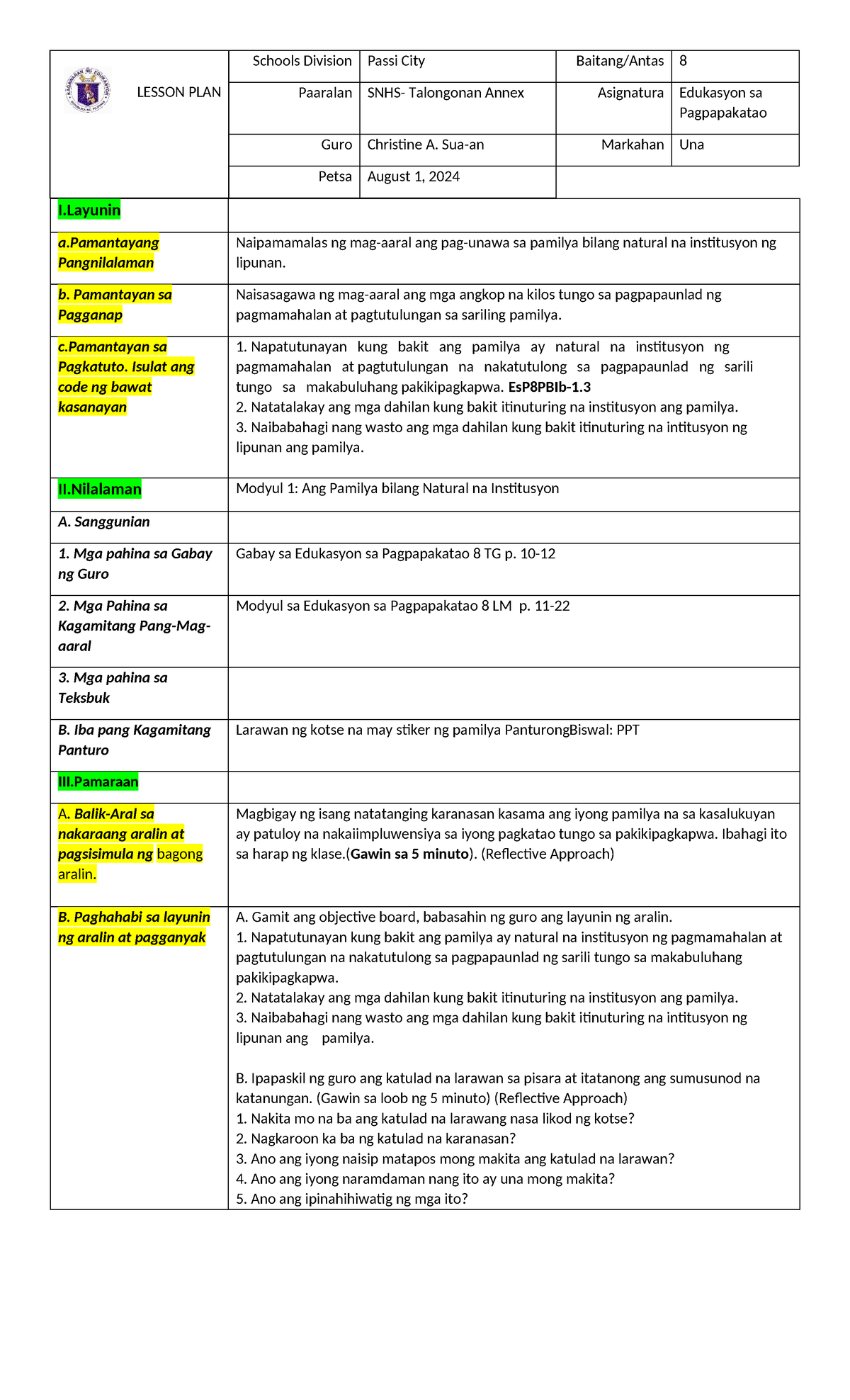 Q1 ESp week 1 - ESP8 - LESSON PLAN Schools Division Passi City Baitang ...