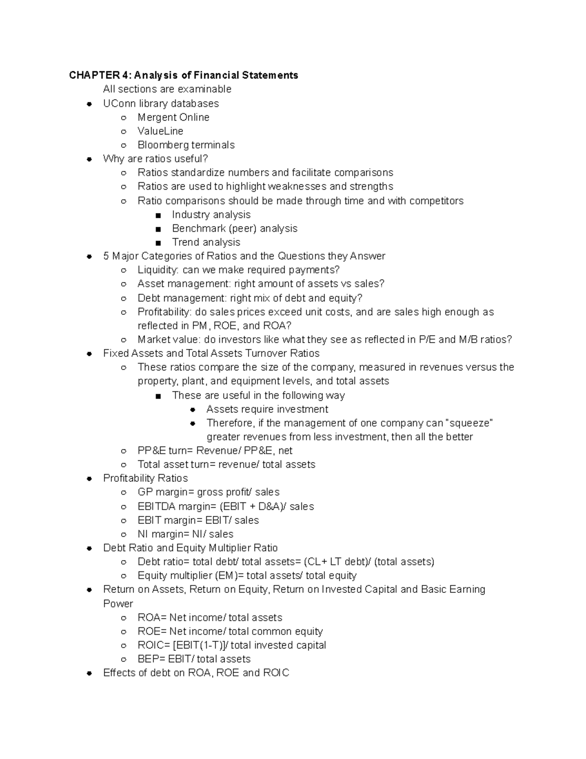 FNCE 3101 Test 2 Notes: Ch. 4, 8, 9 - CHAPTER 4: Analysis of Financial ...