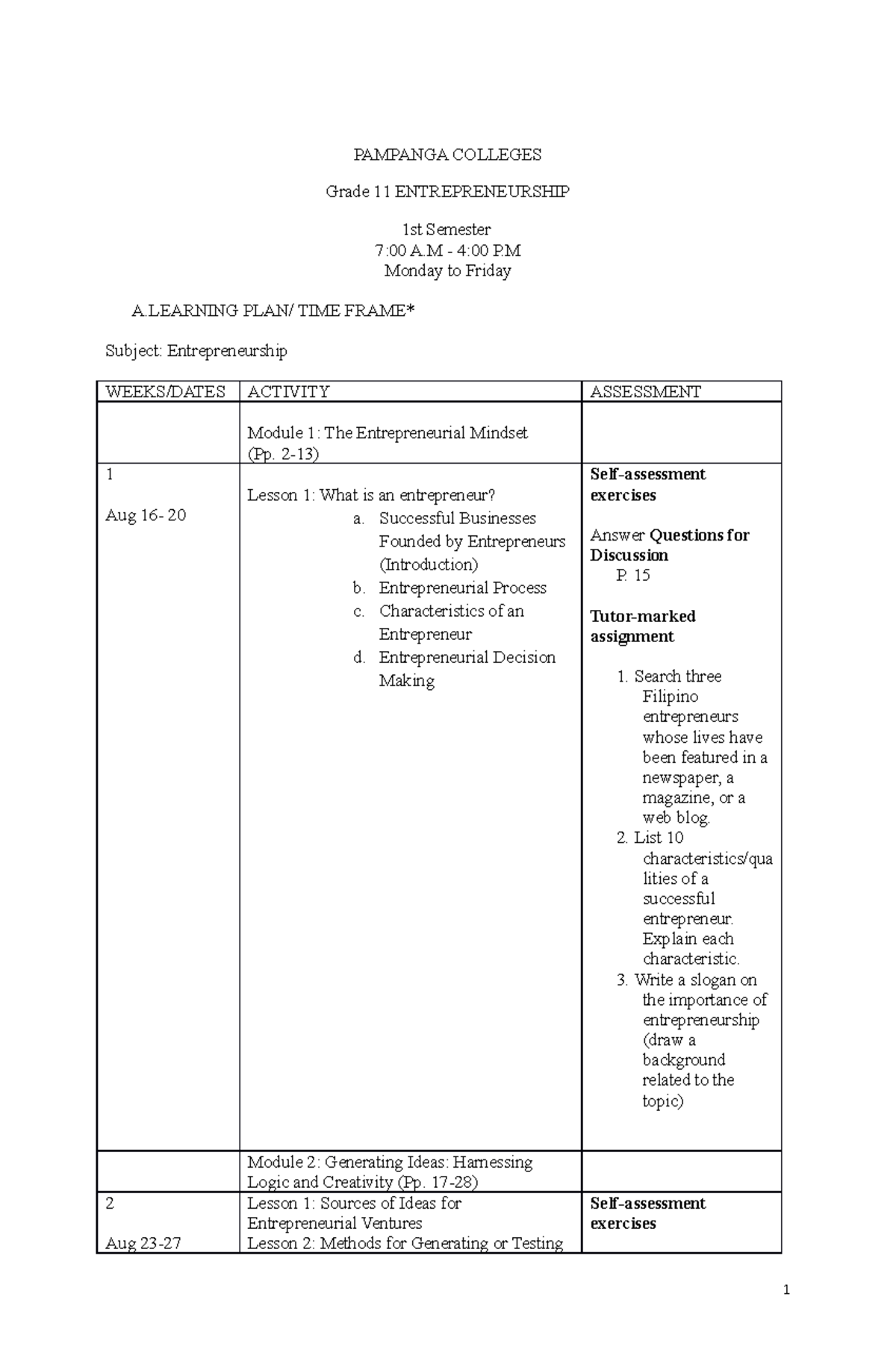 Learning PLAN ( Entrep)1 - PAMPANGA COLLEGES Grade 11 ENTREPRENEURSHIP ...