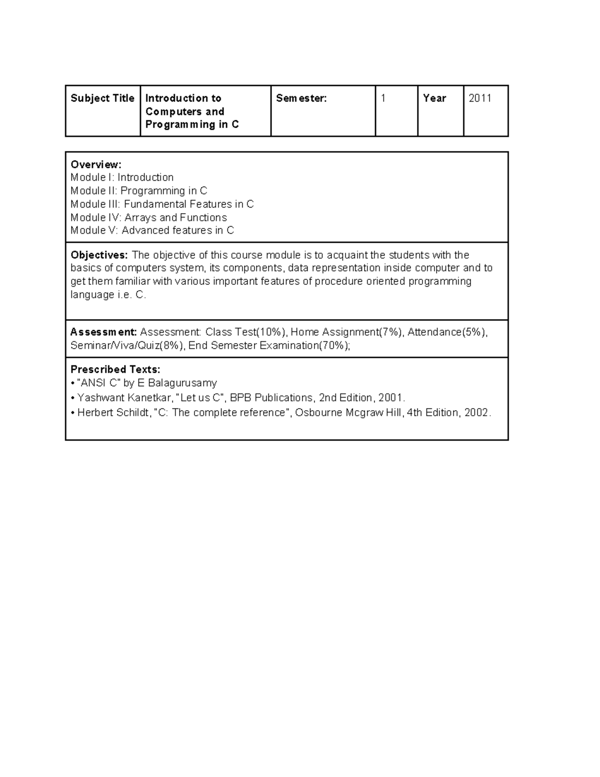 Syllabus - Subject Title Introduction to Computers and Programming in C ...