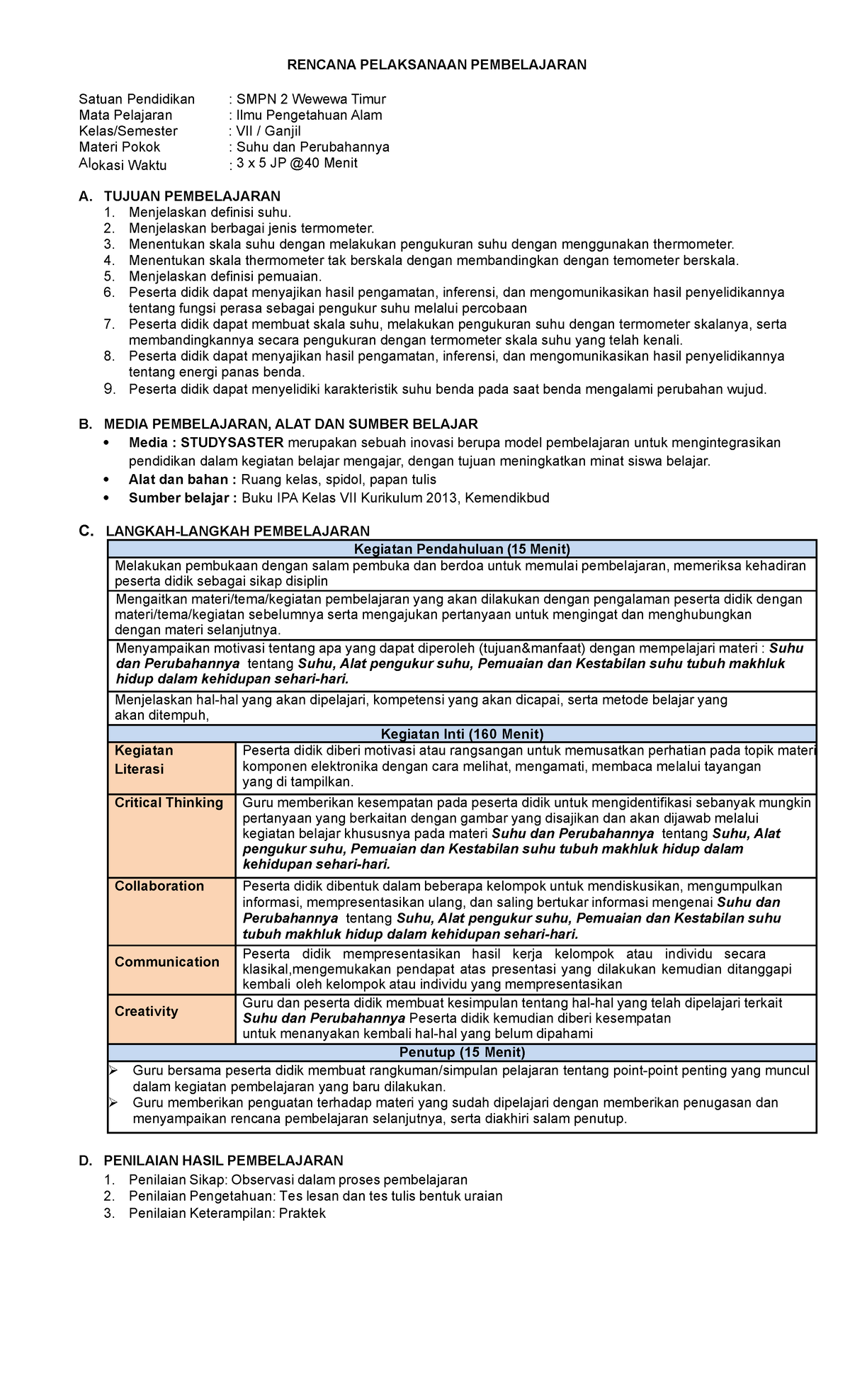 RPP Kelas 7 Suhu dan Perubahannya - RENCANA PELAKSANAAN PEMBELAJARAN