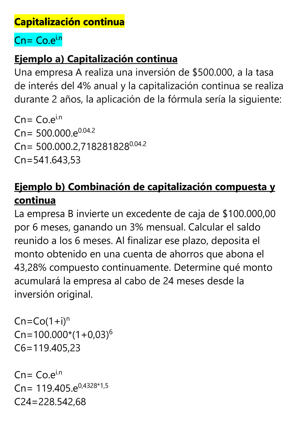 Capitalizacion Continua - Ejemplo A) Capitalización Continua Una ...