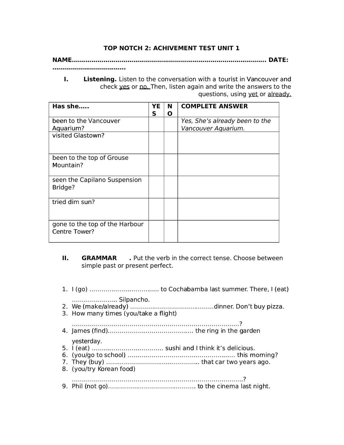 Qdoc examenes TOP NOTCH 2 ACHIVEMENT TEST UNIT 1TOP NOTCH 2