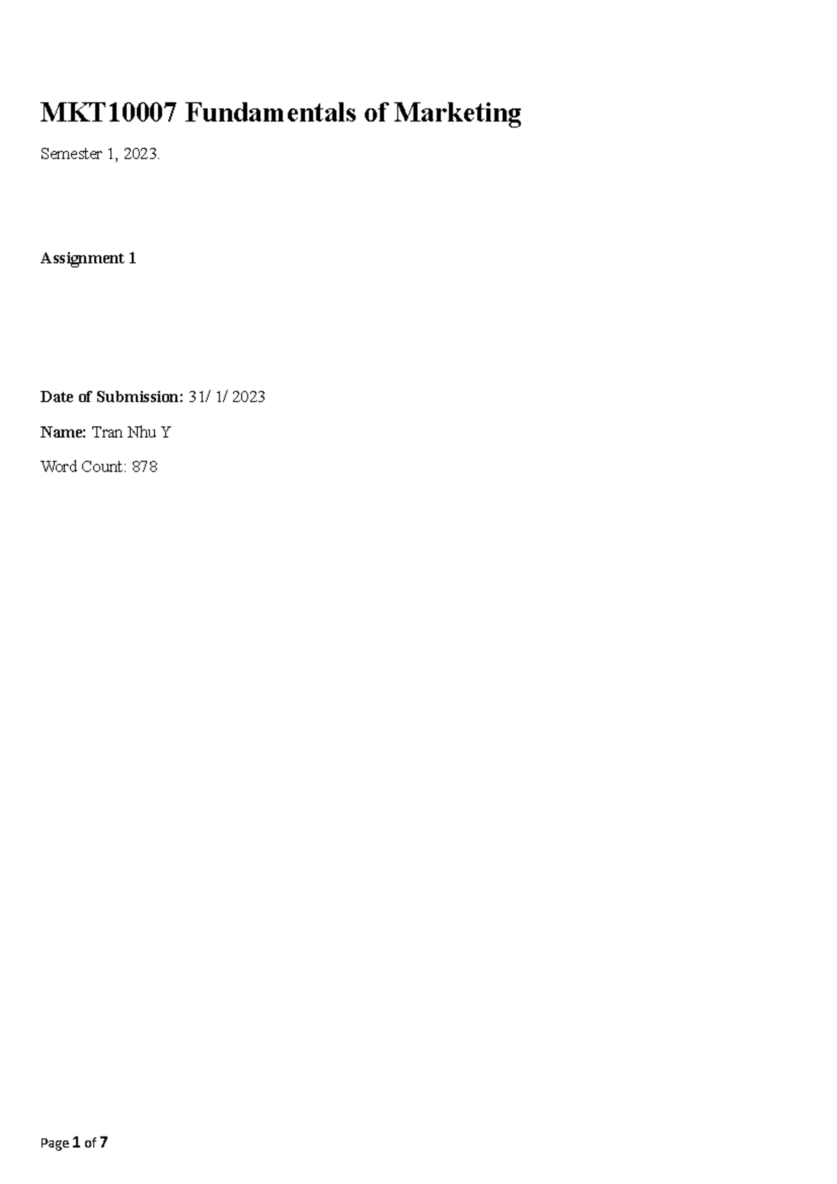 Mkt10007 S1 23 Assignment 1 Tran Nhu Y Mkt10007 Fundamentals Of Marketing Semester 1 2023 Mkt10007 S1 23 Assignment 1 Tran Nhu Y Mkt10007 Fundamentals Of Marketing Semester 1 2023