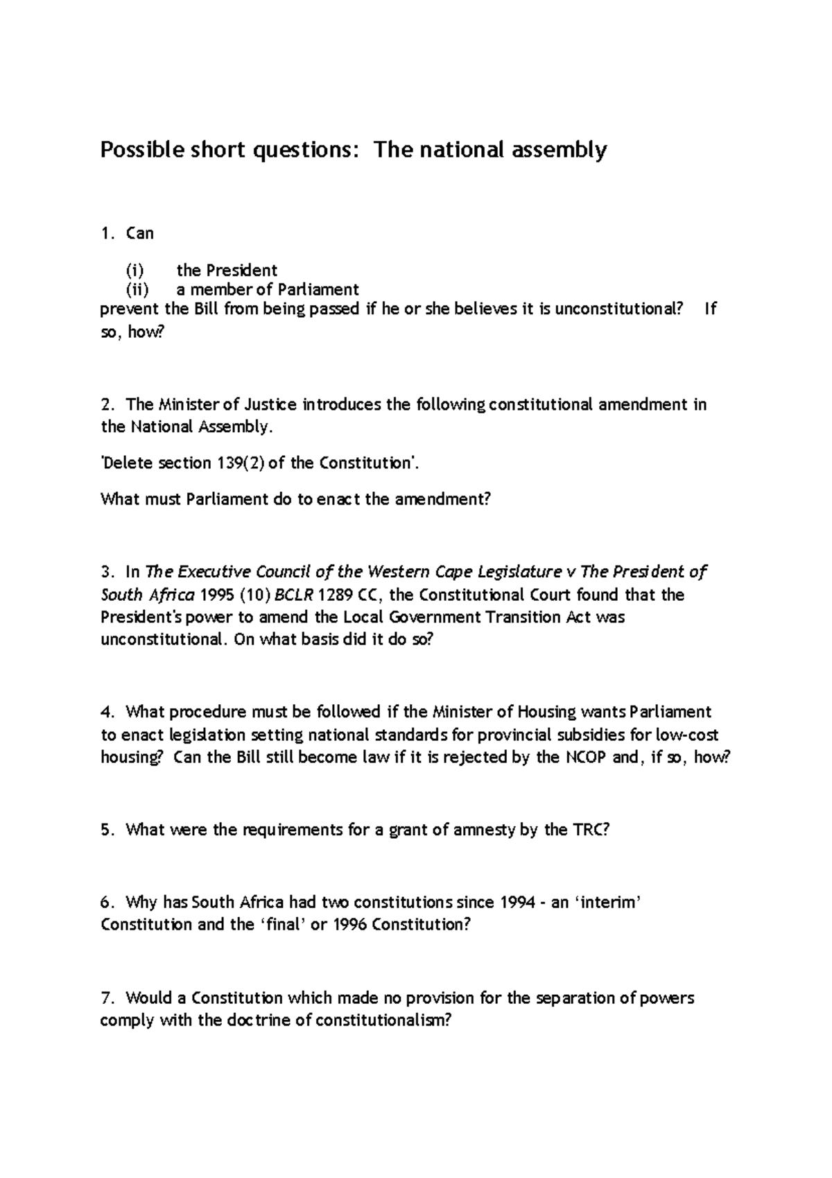 National Assembly.doc1 Possible short questions The national