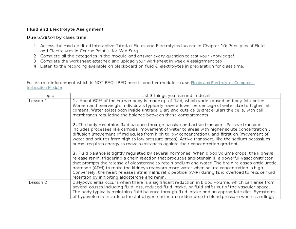 Fluid and Electrolyte Assignment Access the module titled Interactive