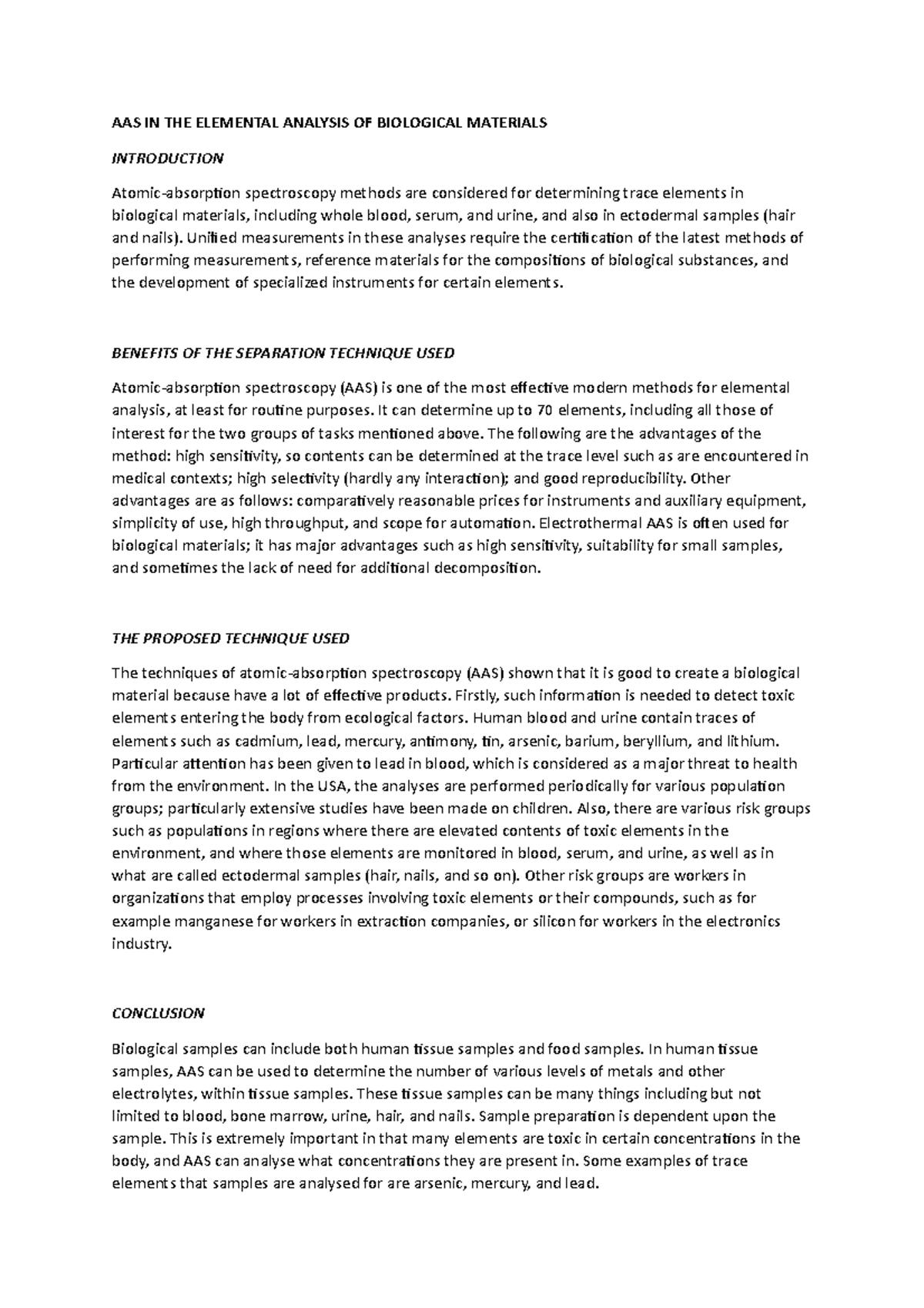 AAS IN THE Elemental Analysis OF Biological Materials for study and ...