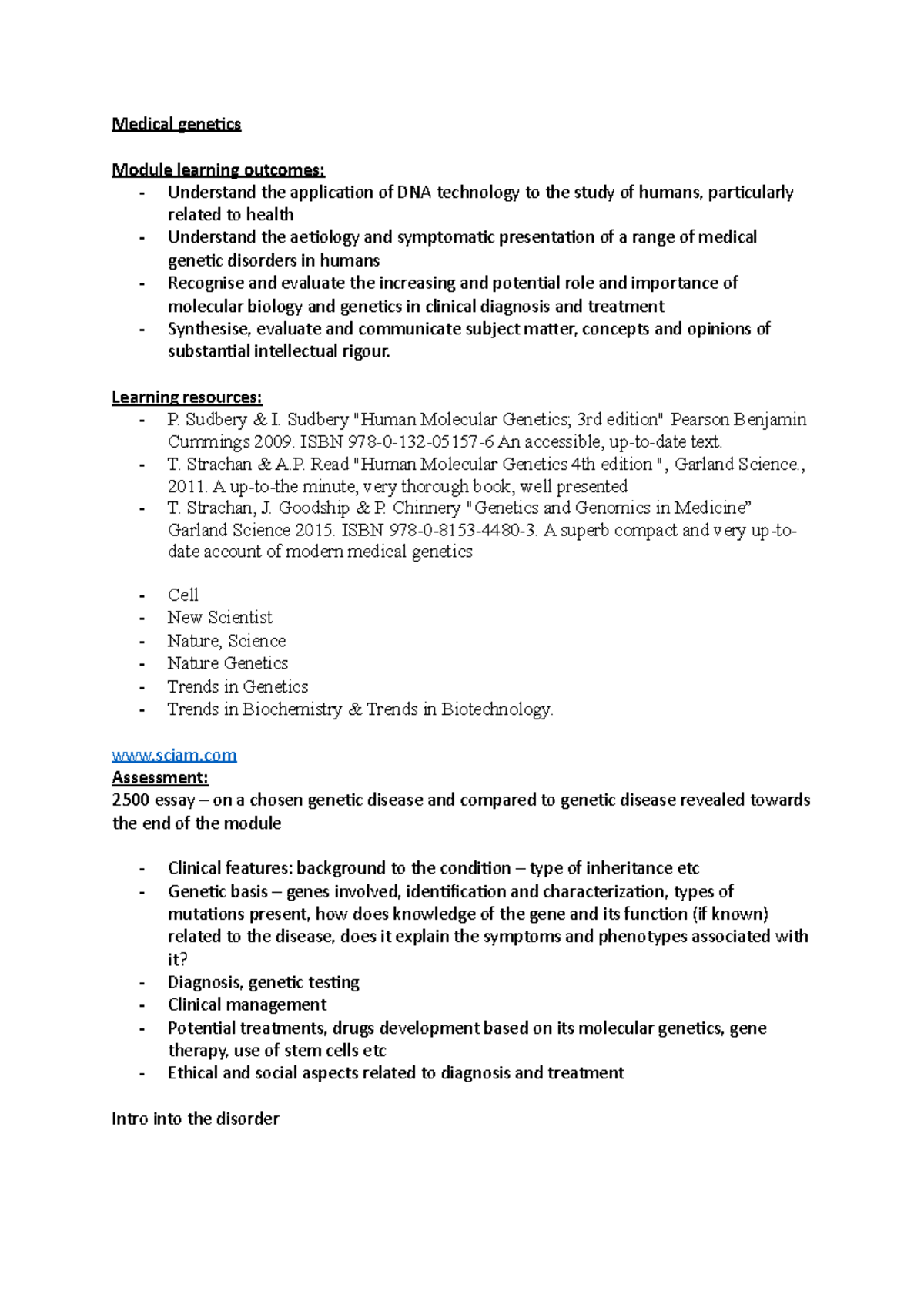 Module handbook - Medical genetics Module learning outcomes ...