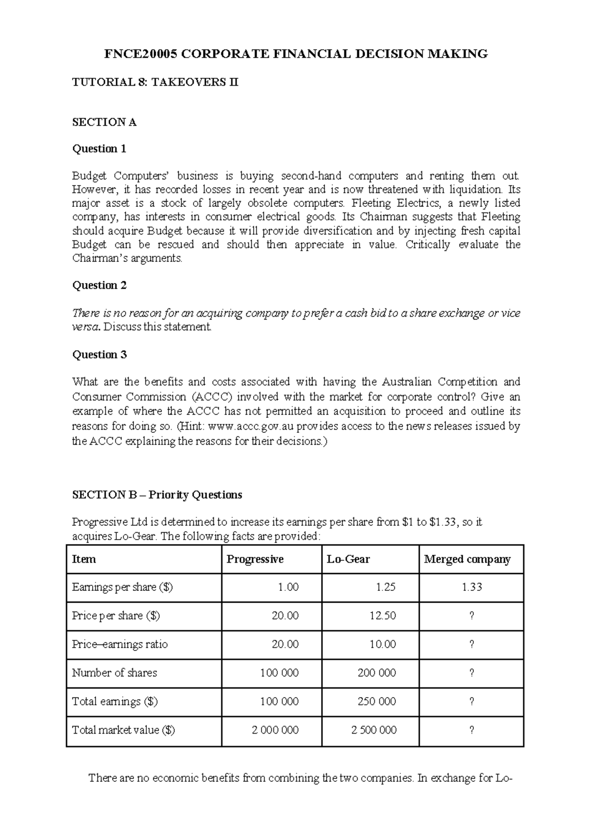 Tutorial 8 with solutions 2023 FNCE20005 CORPORATE FINANCIAL DECISION MAKING TUTORIAL 8