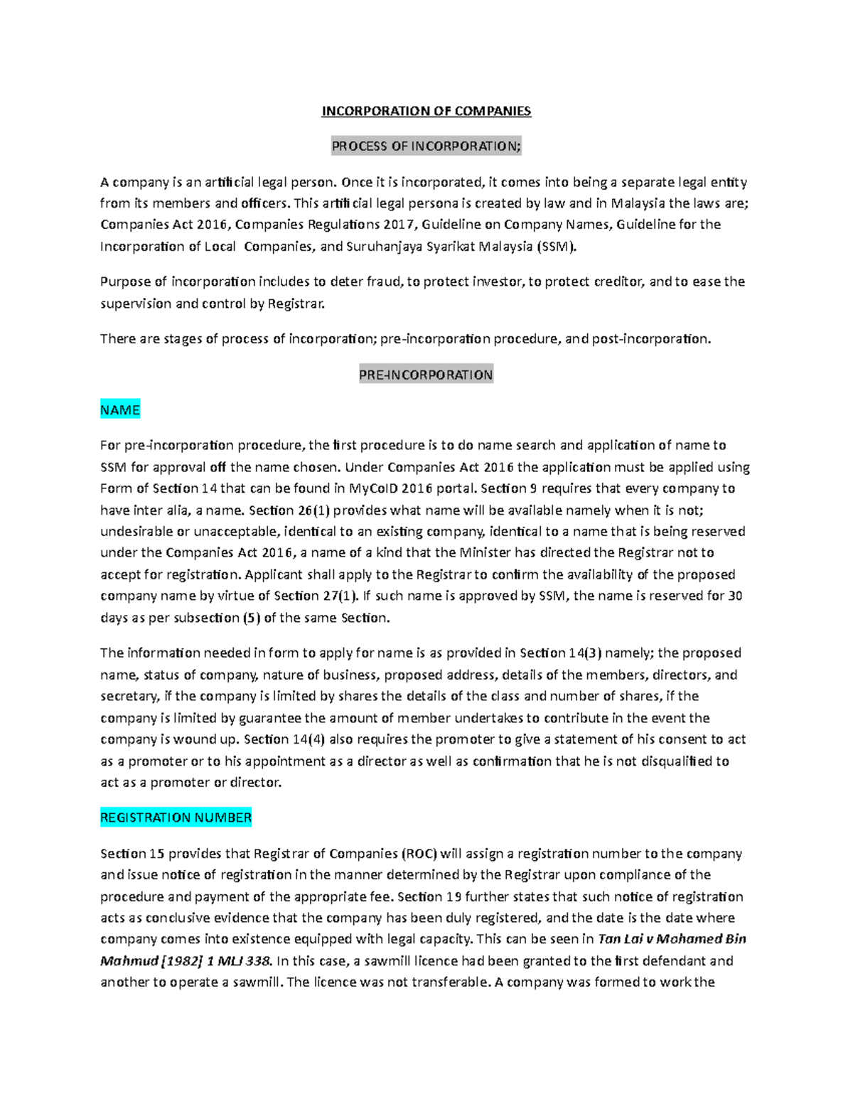 Incorporation OF Companies - Mediation Law - MMU - StuDocu