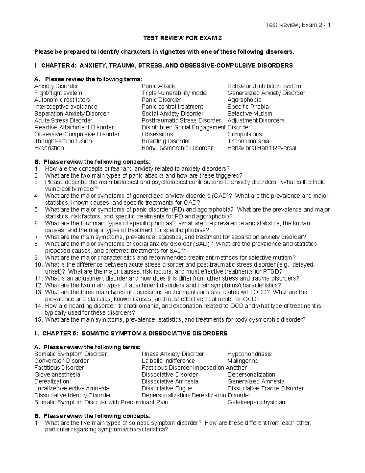 PSY168 - Test Review Guide - Exam 2 - Test Review, Exam 2 - 1 TEST ...