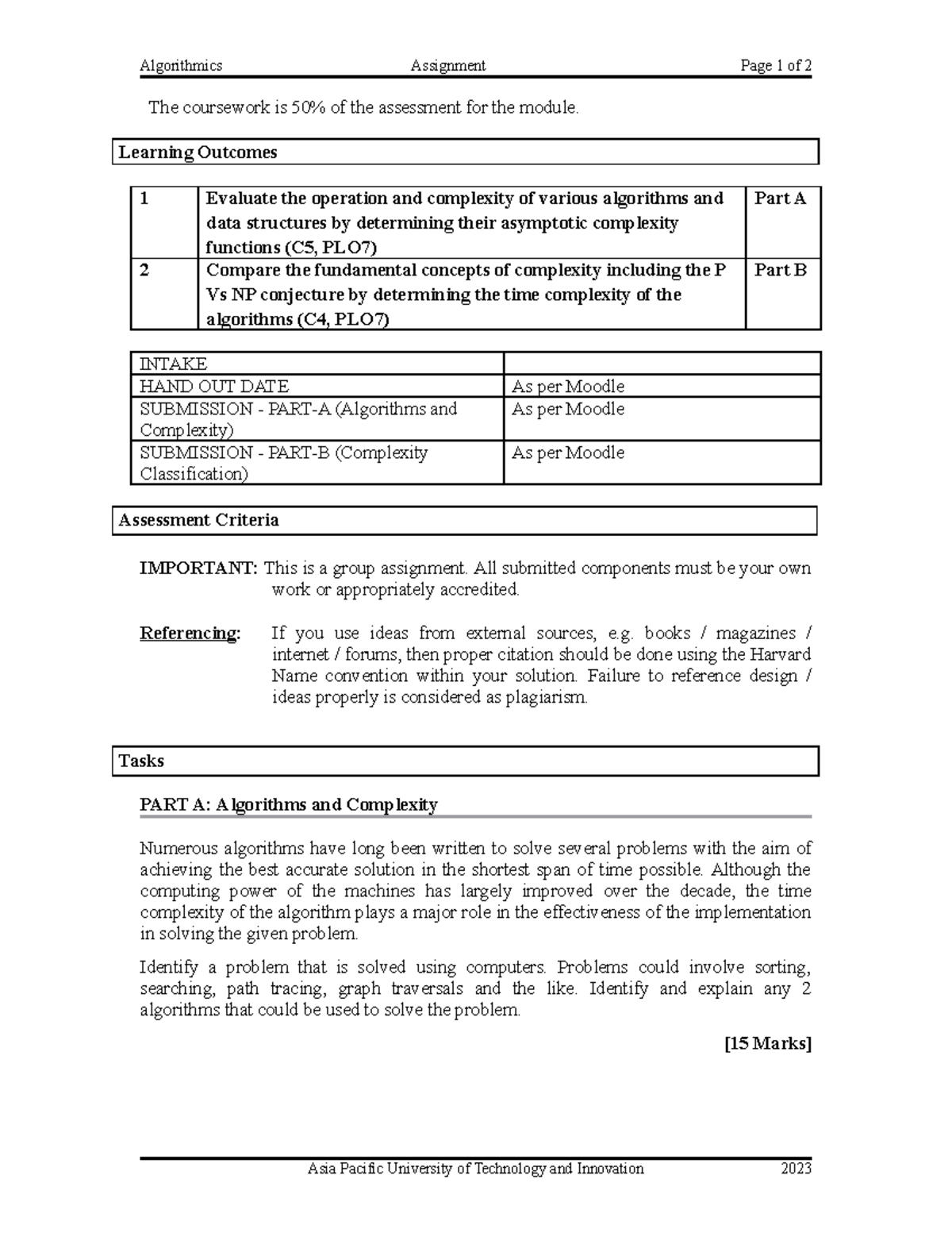 Assignment - aaawqdaa - Algorithmics Assignment Page 1 of 2 The ...