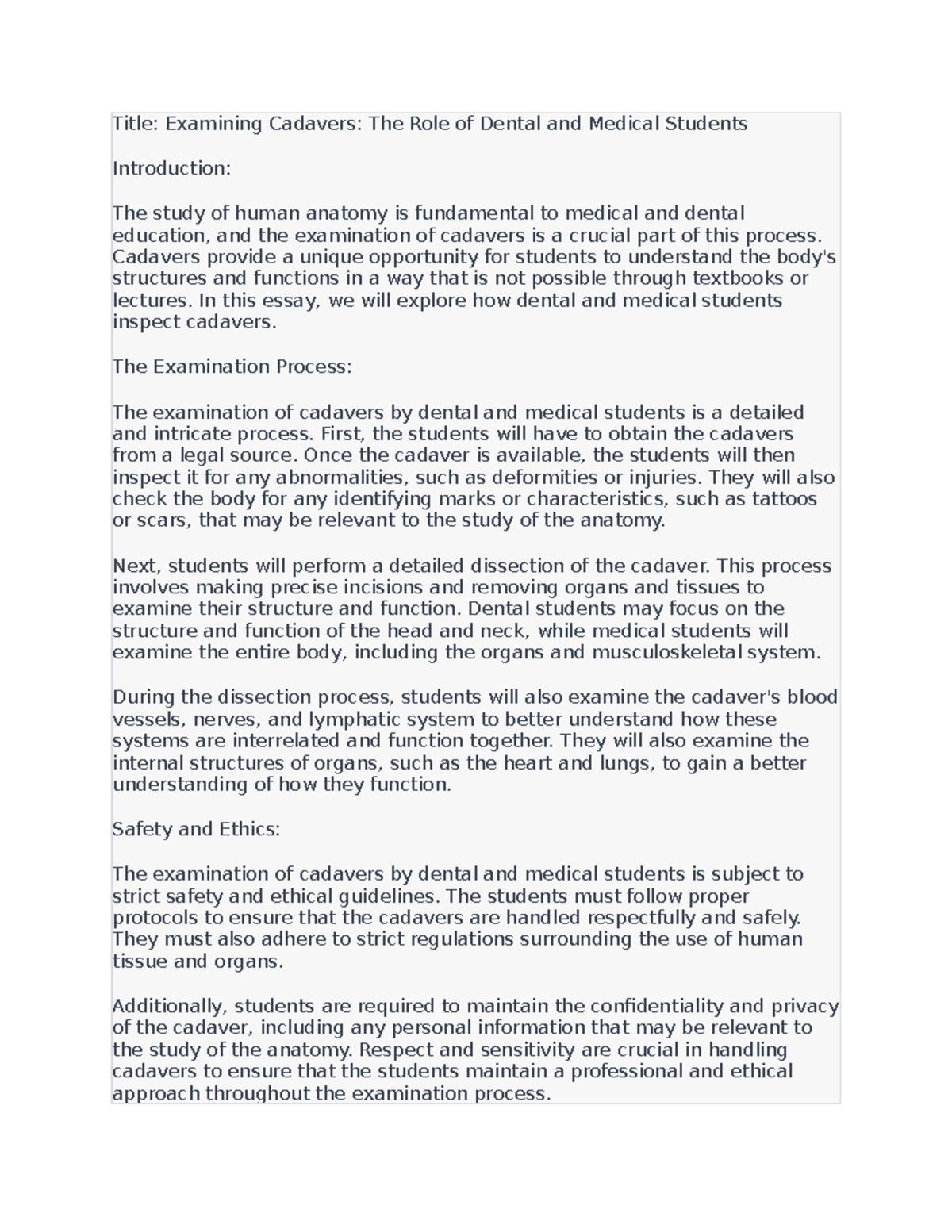 Examining Cadavers The Role of Dental and Medical Students Title