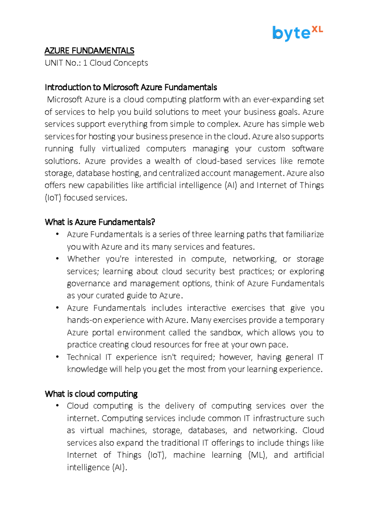 Azure unit 1 notes - Mat - AZURE FUNDAMENTALS UNIT No.: 1 Cloud ...