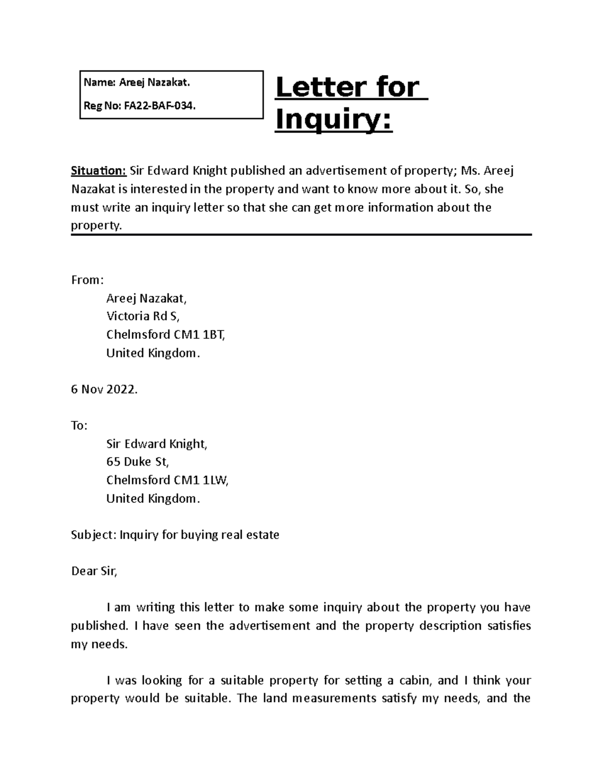 Letter For Inquiry - .... - Letter for Inquiry: Situation: Sir Edward ...