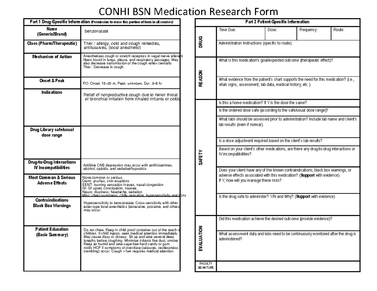 Benzonatate - B-Medication Administration Document Form - CONHI BSN ...