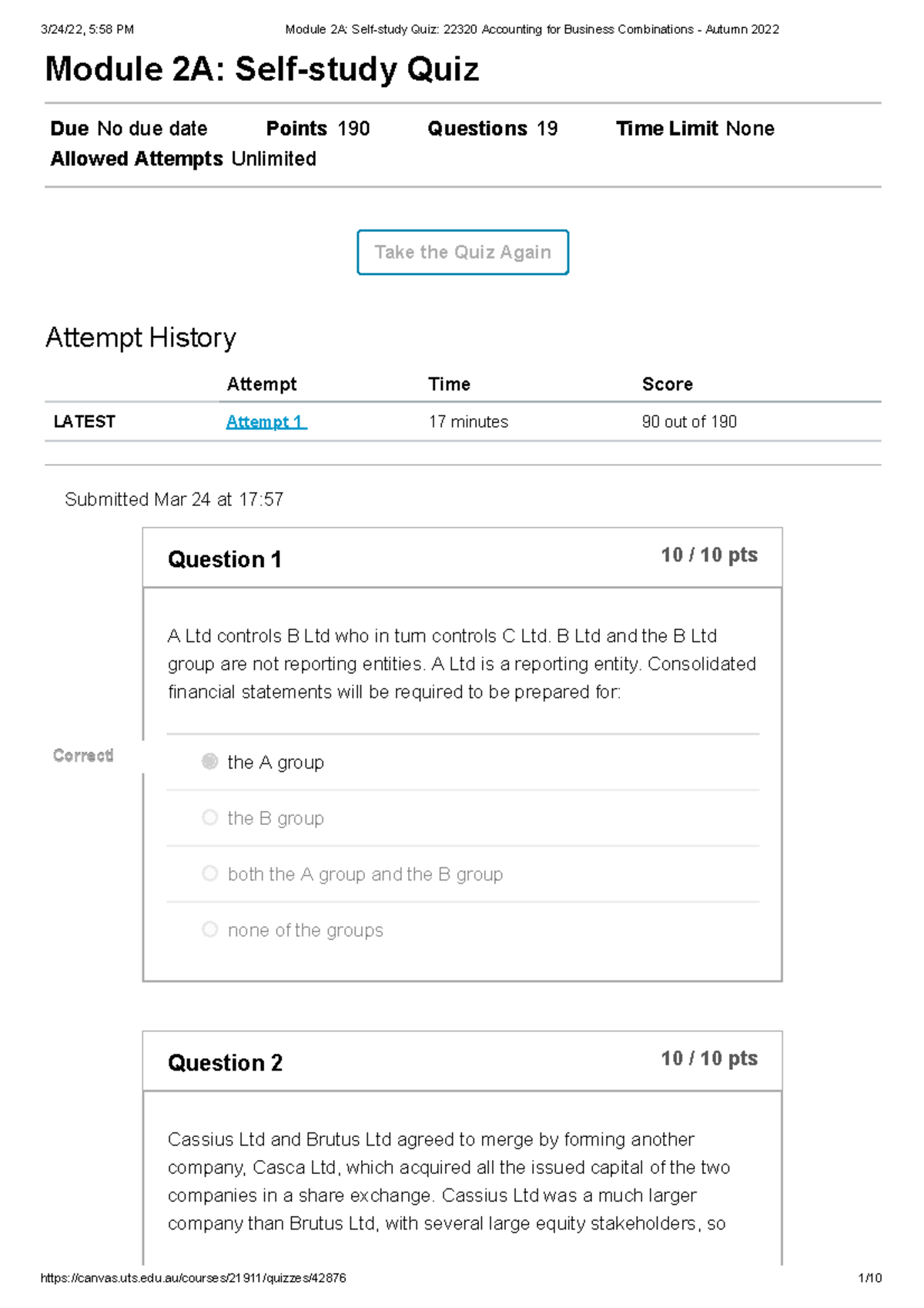Module 2A Self-study Quiz 22320 Accounting for Business Combinations ...