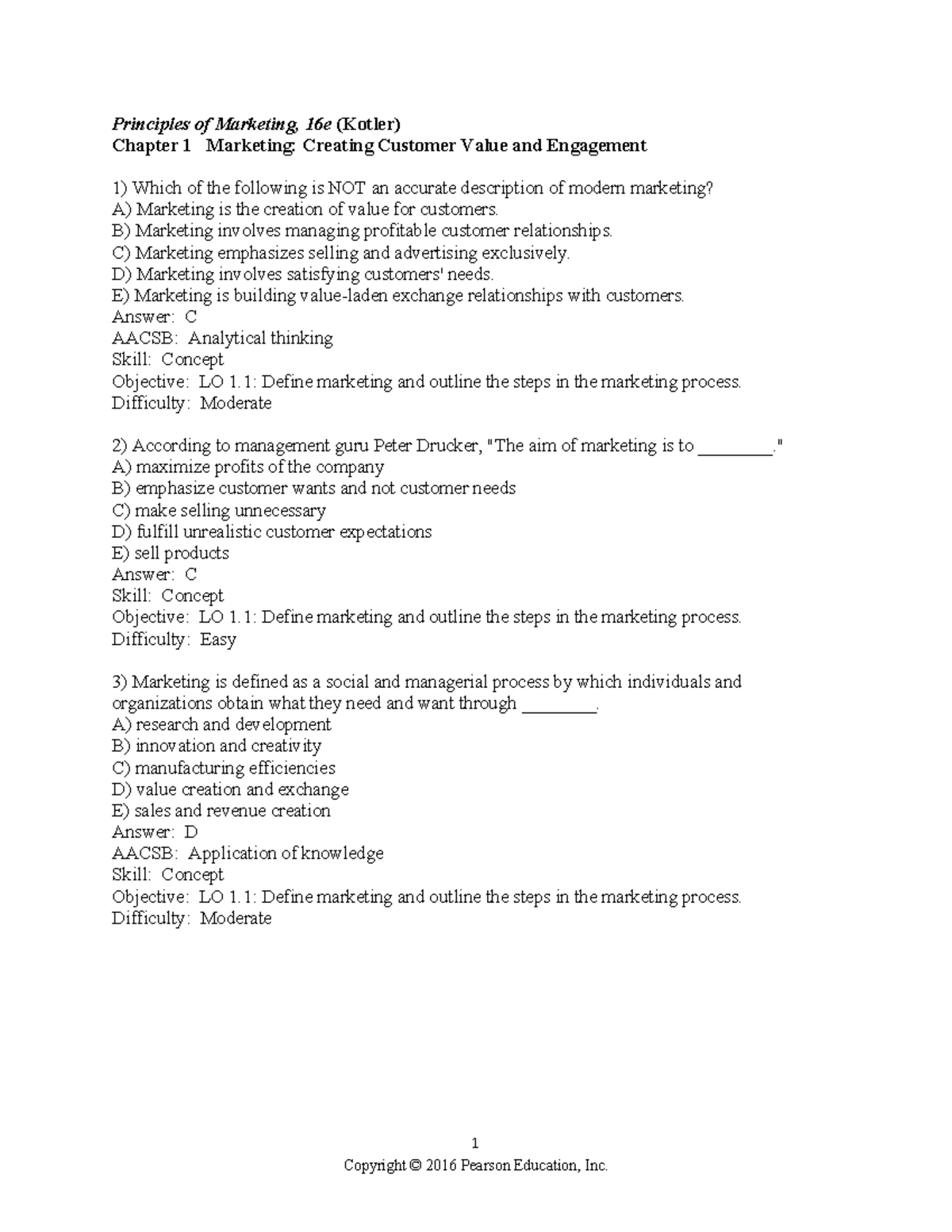 Marketing test bank (1-3) - 1 Principles of Marketing, 16e (Kotler ...