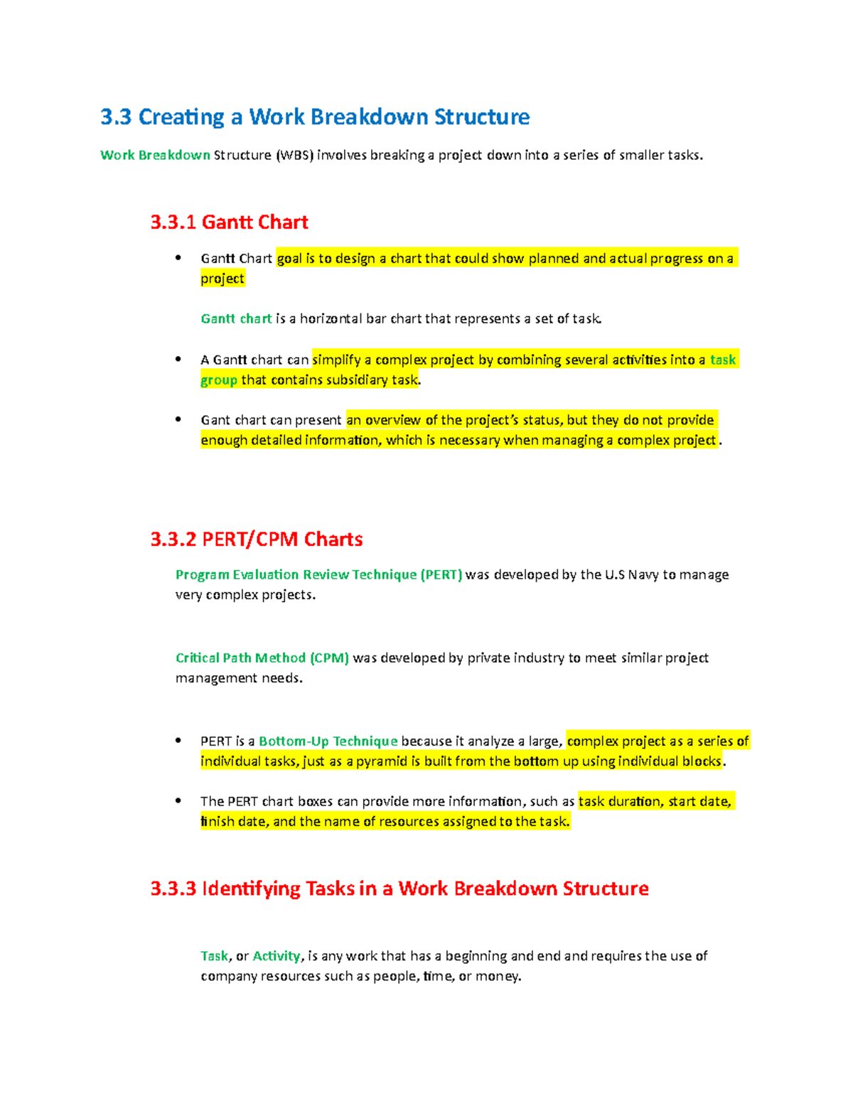 Chapter 3 Notes - 3 Creating a Work Breakdown Structure Work Breakdown ...