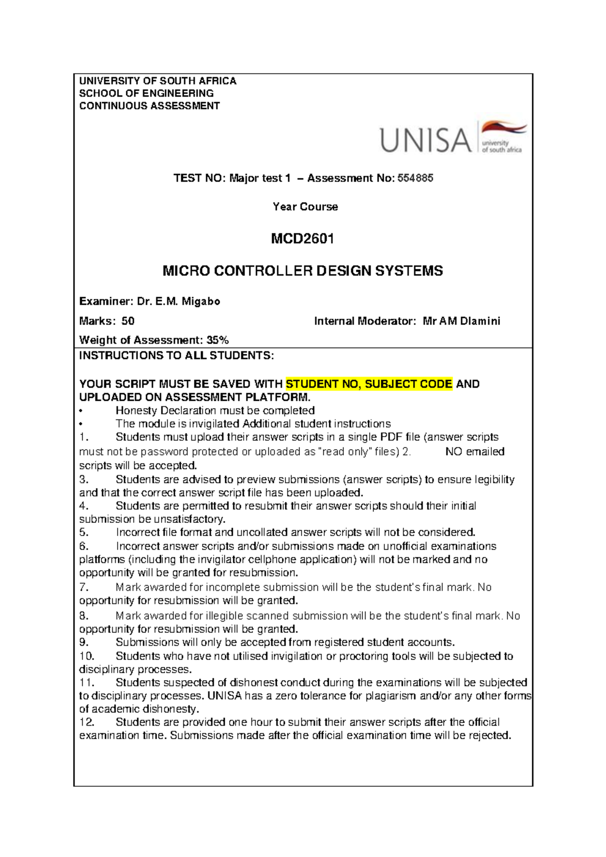 MCD2601 MT1 UNIVERSITY OF SOUTH AFRICA SCHOOL OF ENGINEERING